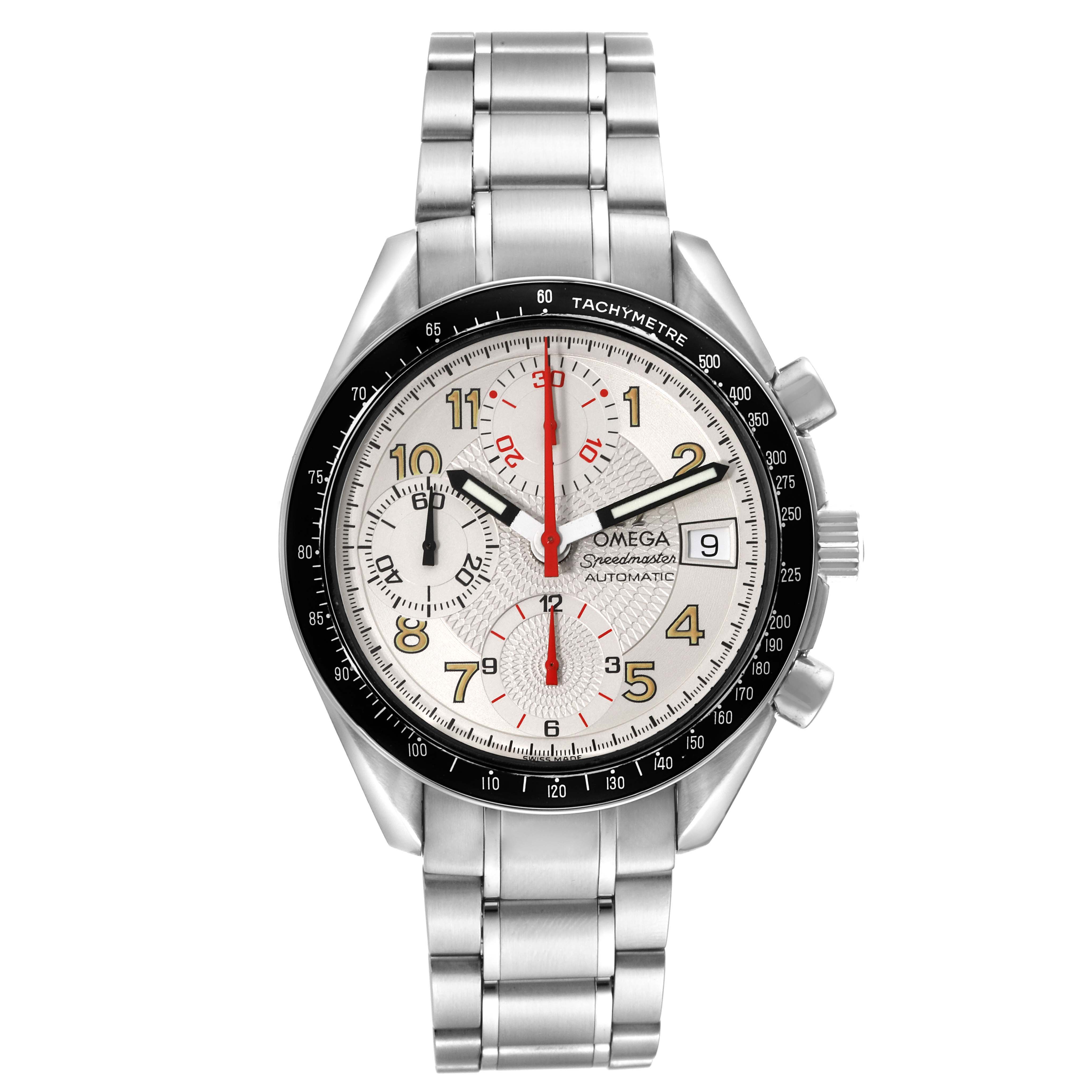 The image shows a front view of an Omega Speedmaster 3513.33.00 Men
s Stainless Steel Silver Dial 3513.33.00 Men
s Stainless Steel Silver Dial watch, displaying its dial, subdials, bezel, and stainless steel bracelet.