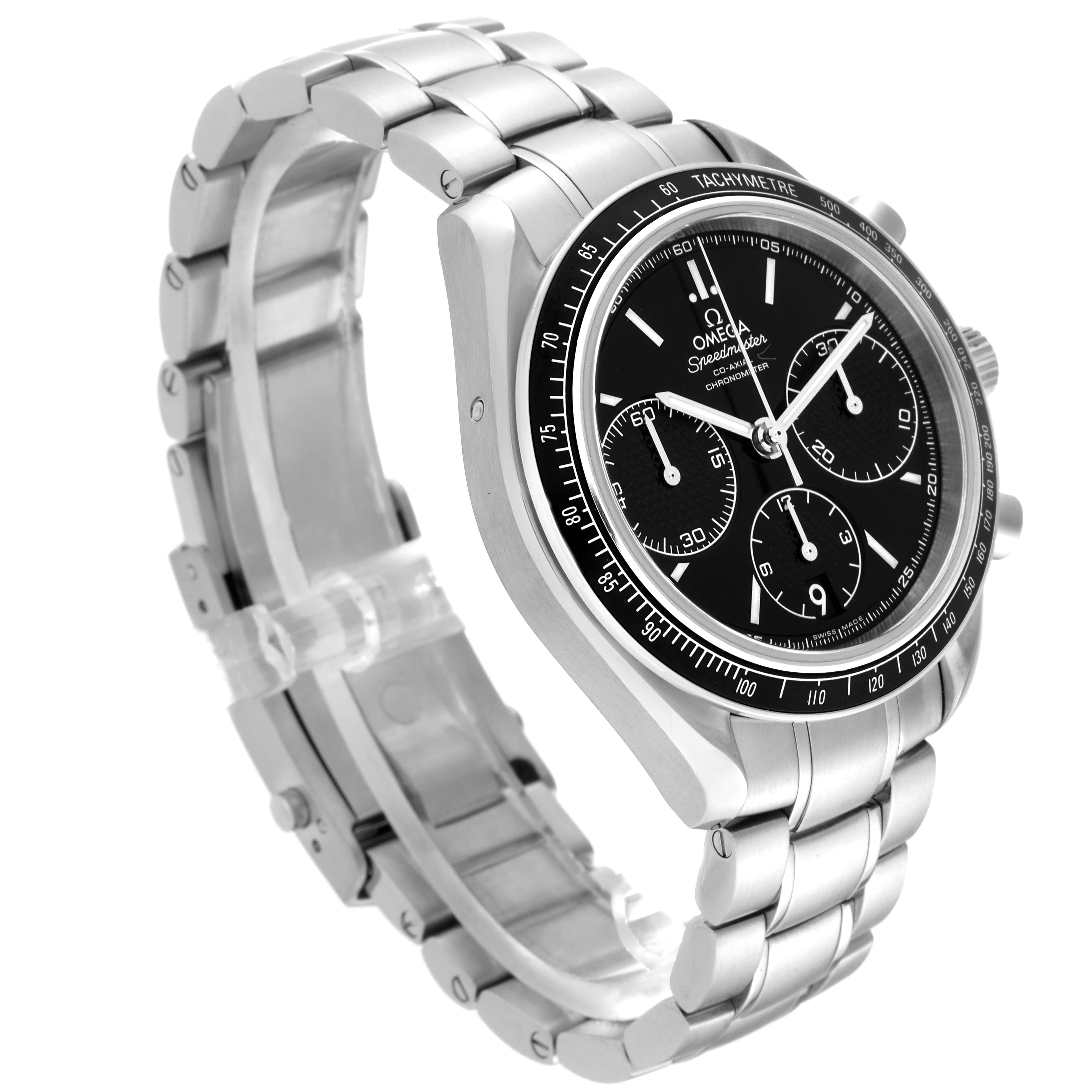 The image shows a side view of the Omega Speedmaster 326.30.40.50.01.001 Men's Stainless Steel Black Dial 326.30.40.50.01.001 Men's Stainless Steel Black Dial watch, highlighting its stainless steel bracelet, case, and black dial.