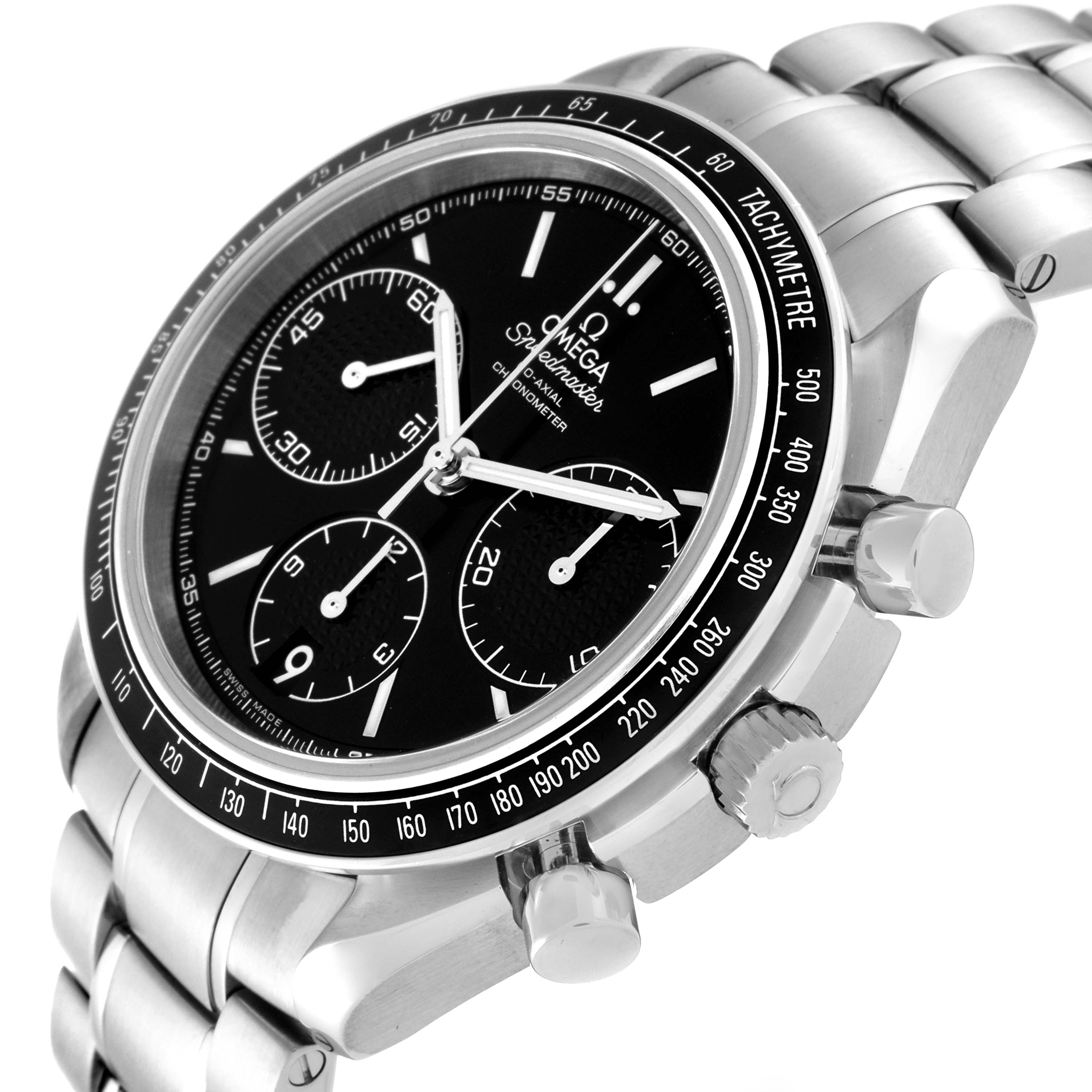 The image shows the Omega Speedmaster 326.30.40.50.01.001 Men's Stainless Steel Black Dial 326.30.40.50.01.001 Men's Stainless Steel Black Dial watch at an angled close-up, highlighting its dial, bezel, and chronograph pushers.