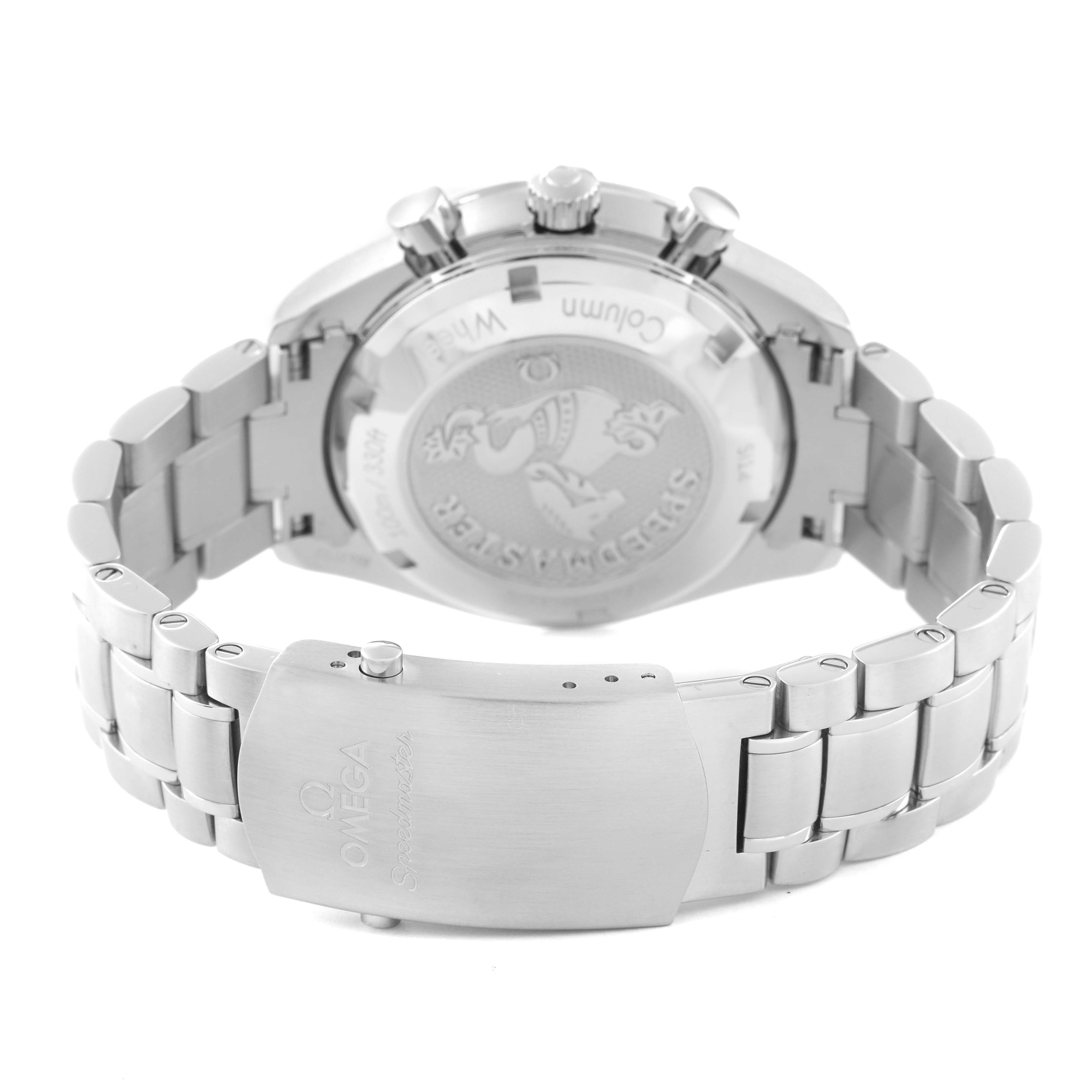 The image shows the back view of an Omega Speedmaster 326.30.40.50.01.001 Men's Stainless Steel Black Dial 326.30.40.50.01.001 Men's Stainless Steel Black Dial watch, highlighting the clasp, bracelet, and case back.