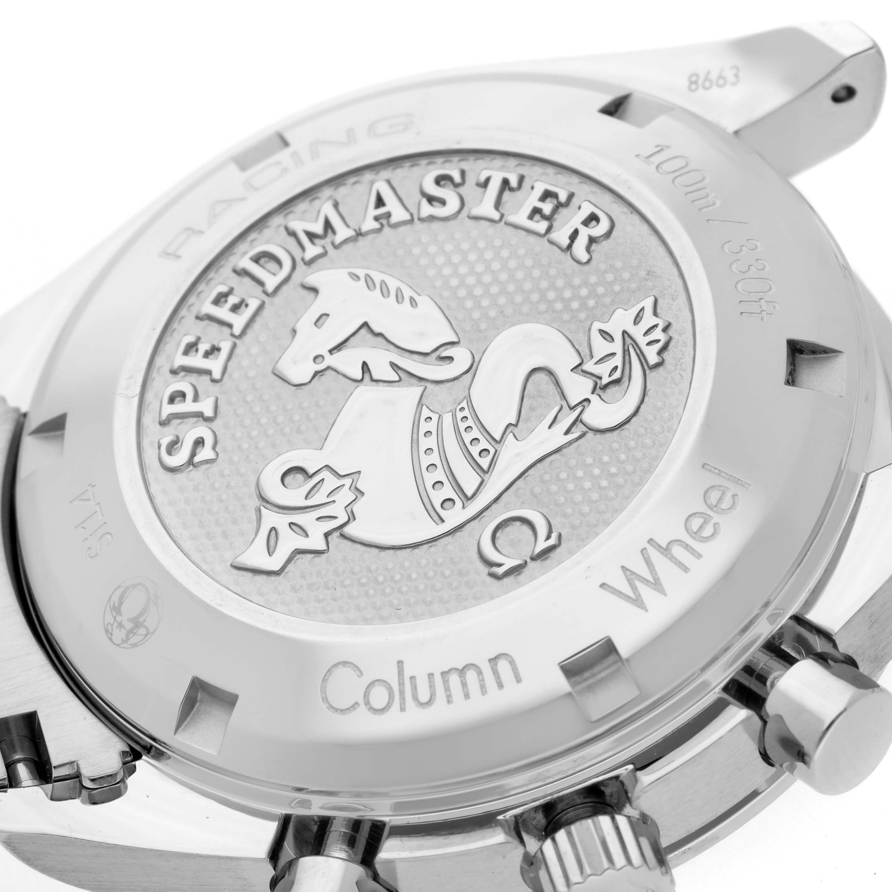 This image shows the back case of an Omega Speedmaster 326.30.40.50.01.001 Men's Stainless Steel Black Dial 326.30.40.50.01.001 Men's Stainless Steel Black Dial Racing watch, highlighting the engraved design and text details.