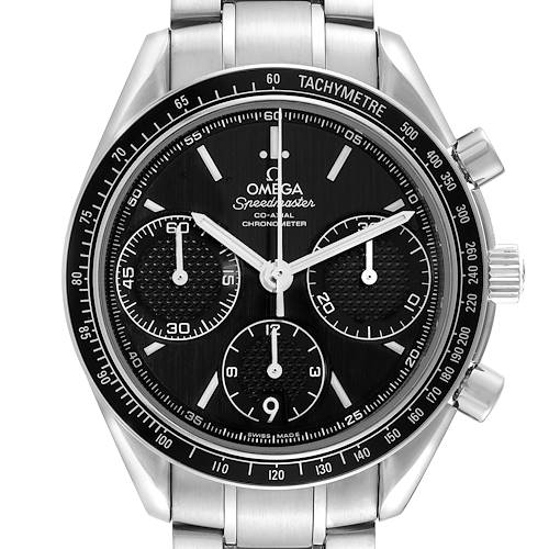 This is a front view of the Omega Speedmaster watch showcasing its dial, chronograph subdials, and tachymeter bezel.