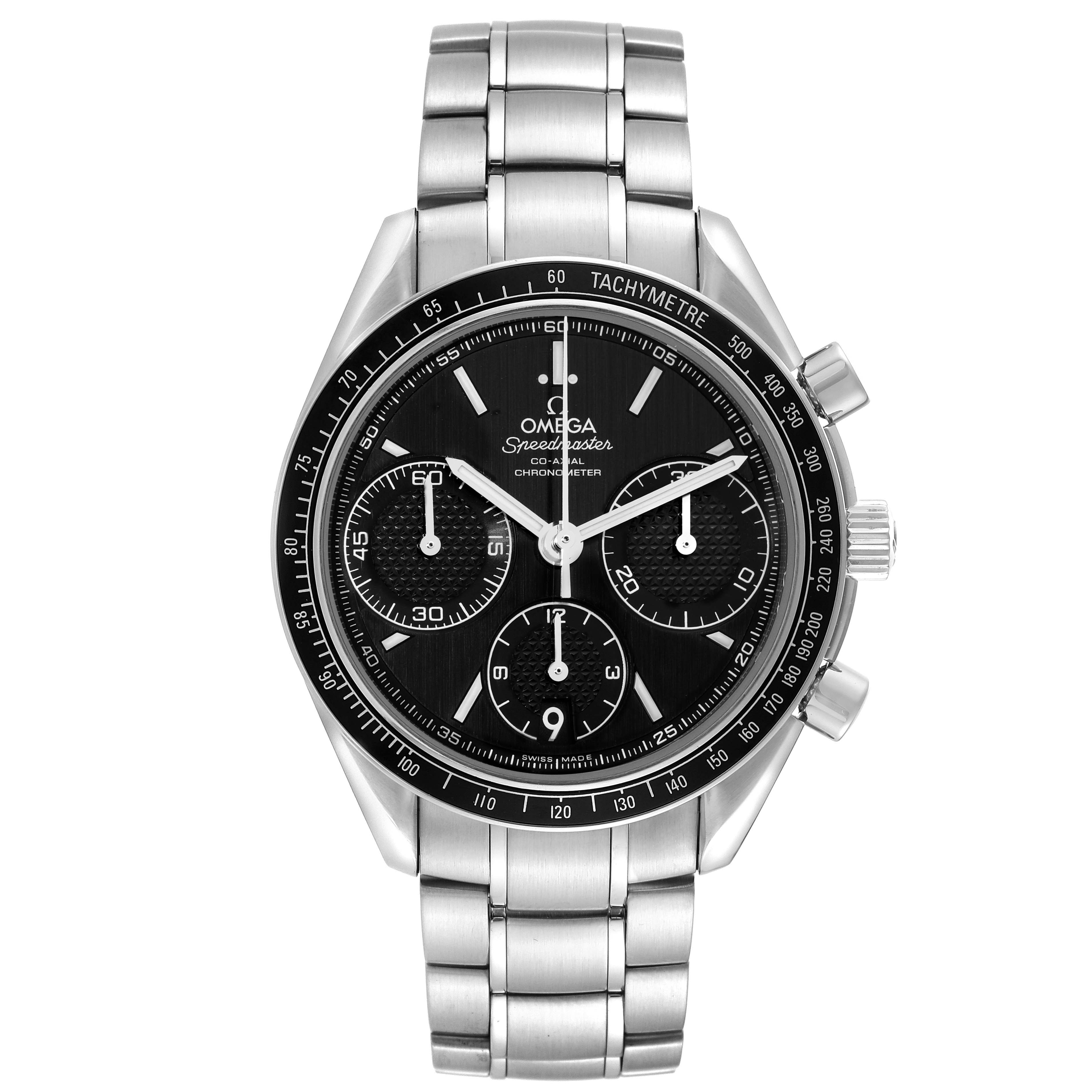 The image shows a front view of the Omega Speedmaster 326.30.40.50.01.001 Men's Stainless Steel Black Dial 326.30.40.50.01.001 Men's Stainless Steel Black Dial watch, highlighting its dial, tachymeter bezel, and stainless steel bracelet.