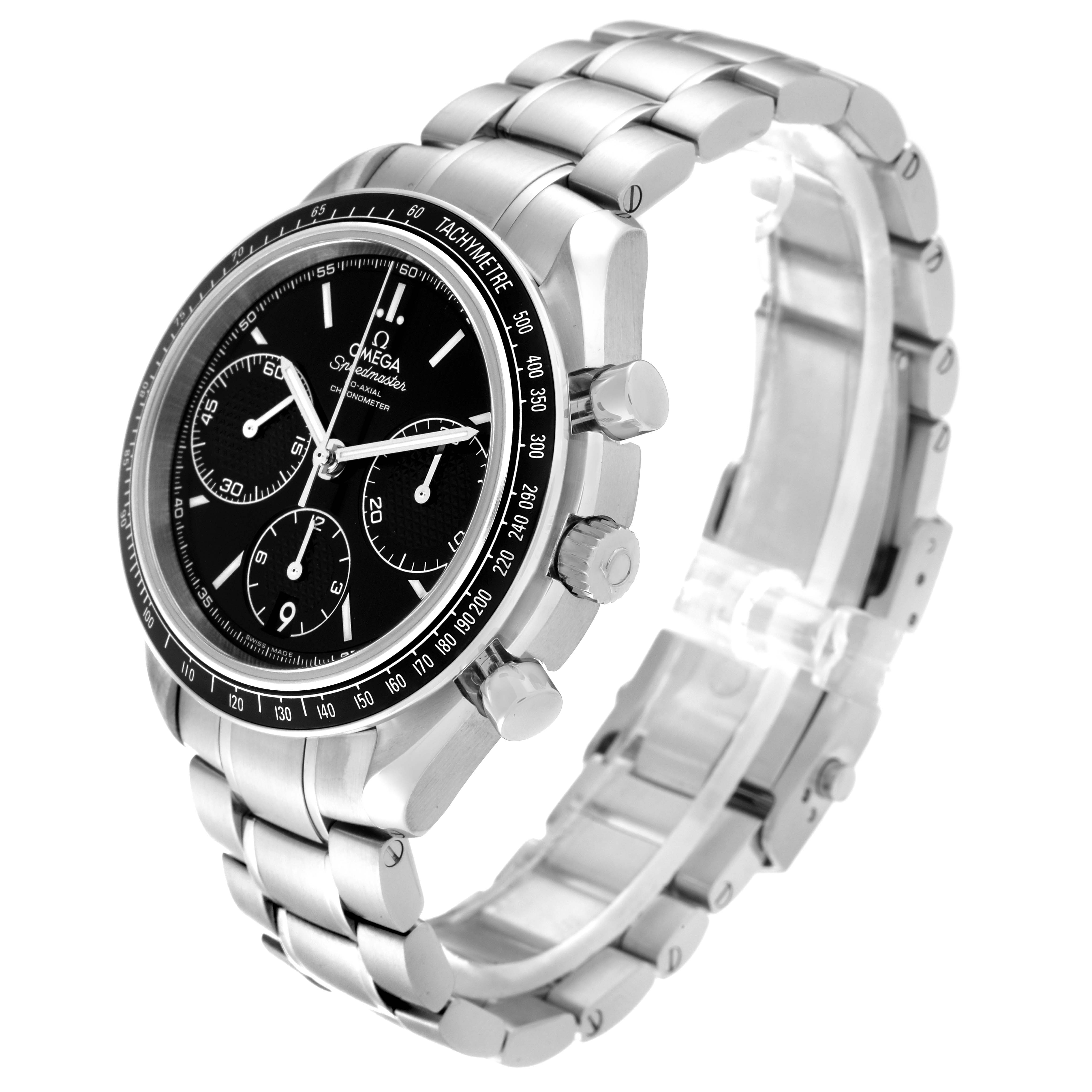 The image shows an Omega Speedmaster 326.30.40.50.01.001 Men's Stainless Steel Black Dial 326.30.40.50.01.001 Men's Stainless Steel Black Dial watch at a three-quarter angle, highlighting the dial, bezel, chronograph dials, and bracelet.