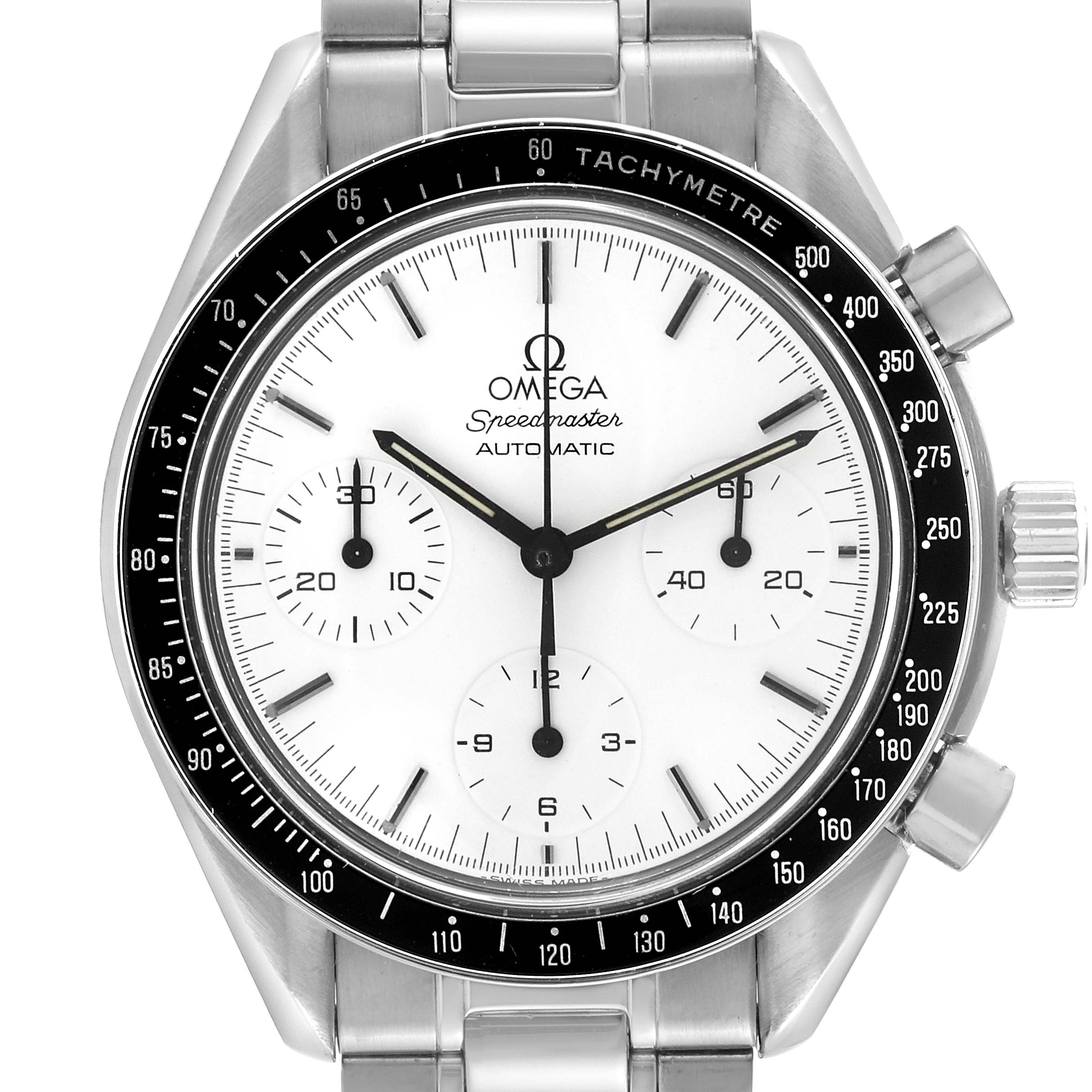 The image shows a front view of the Omega Speedmaster 3510.20.00 Men's Stainless Steel White Dial 3510.20.00 Men's Stainless Steel White Dial watch, highlighting its dial, subdials, bezel, and bracelet.