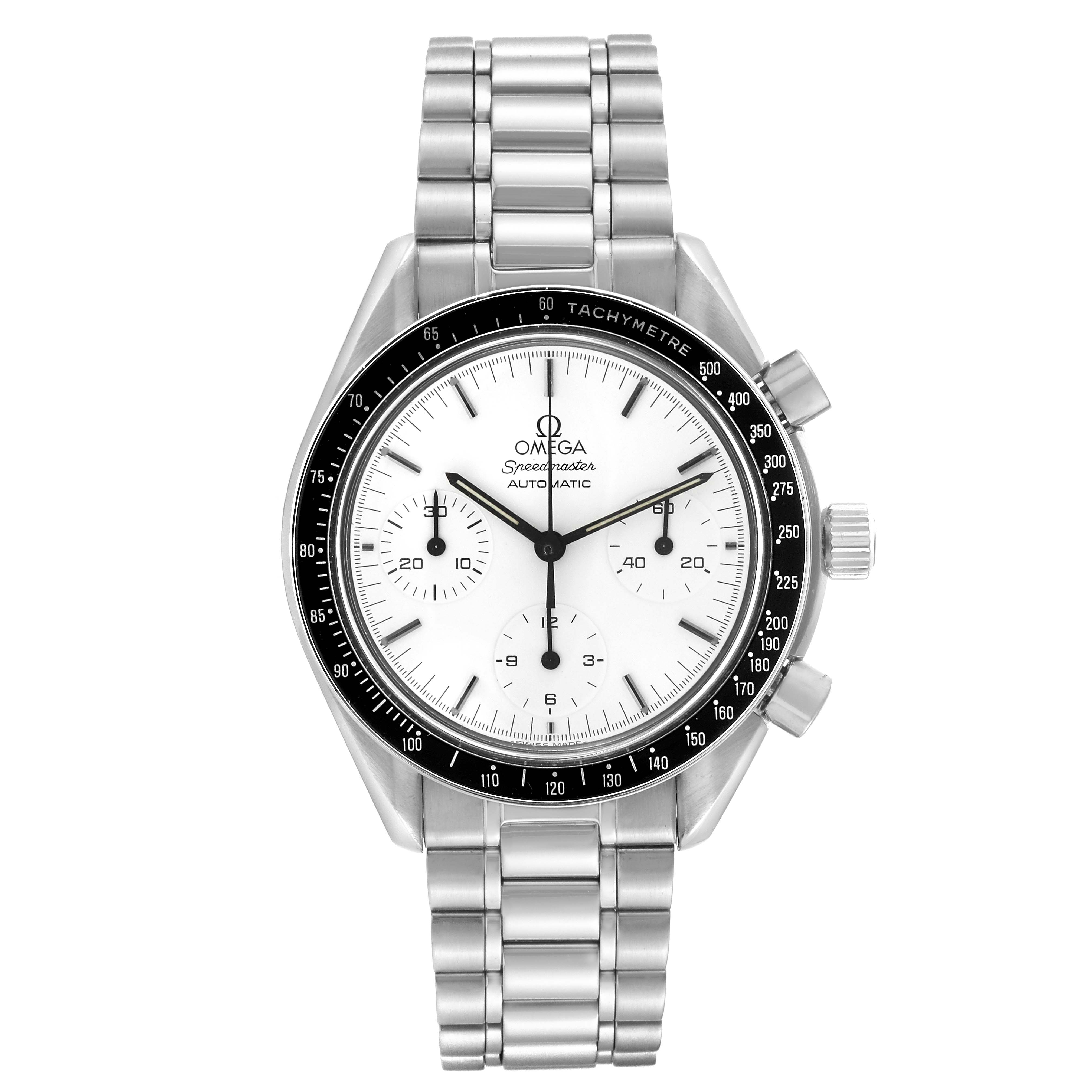 The Omega Speedmaster 3510.20.00 Men's Stainless Steel White Dial 3510.20.00 Men's Stainless Steel White Dial watch is shown from a front angle, displaying the dial, bezel, chronograph subdials, and metal bracelet.