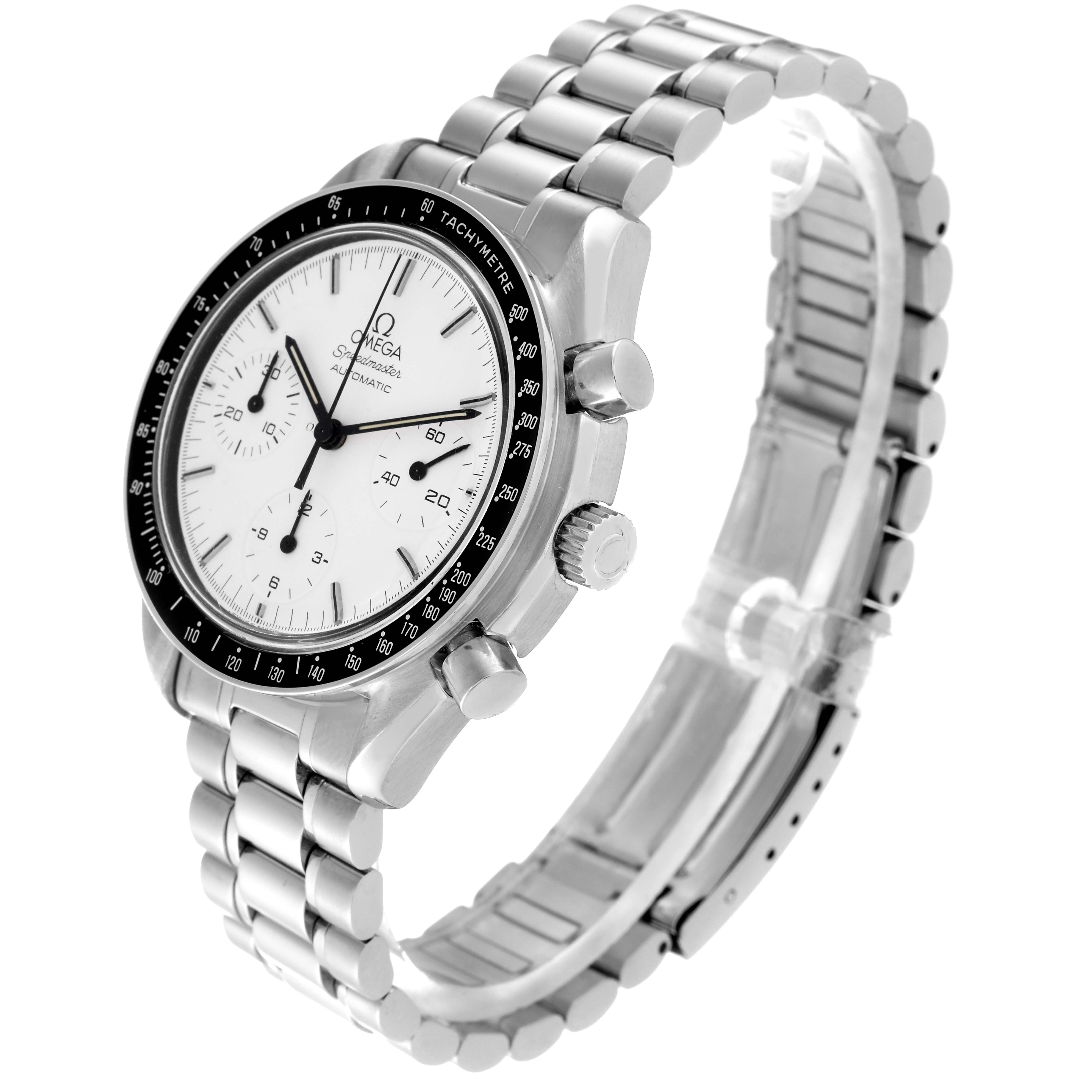 The Omega Speedmaster 3510.20.00 Men's Stainless Steel White Dial 3510.20.00 Men's Stainless Steel White Dial watch is shown from a slight angle, displaying its face, bezel, pushers, crown, and bracelet.