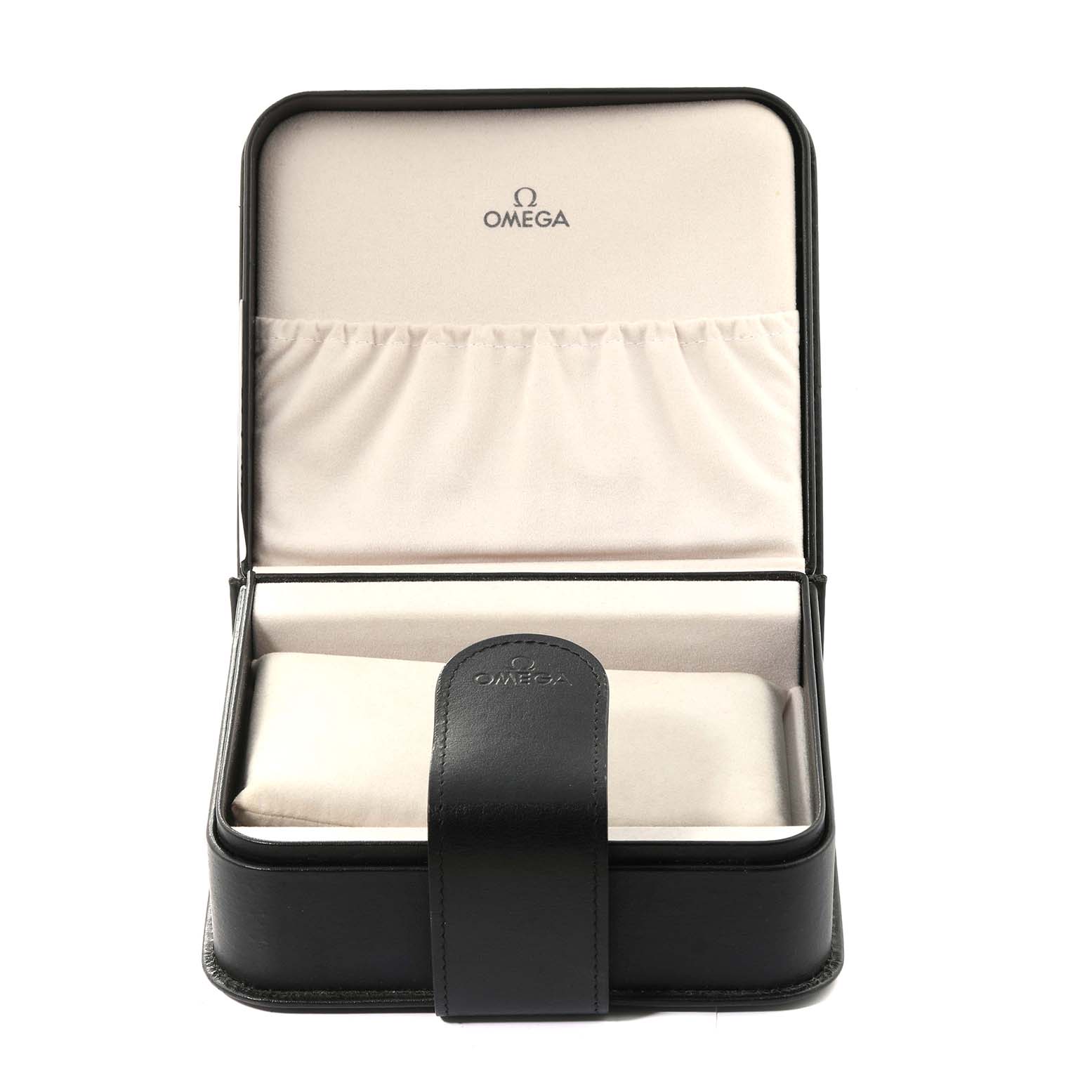 The image shows an open Omega Speedmaster 3510.20.00 Men's Stainless Steel White Dial 3510.20.00 Men's Stainless Steel White Dial watch box with a cushion, displaying the brand name inside the lid.