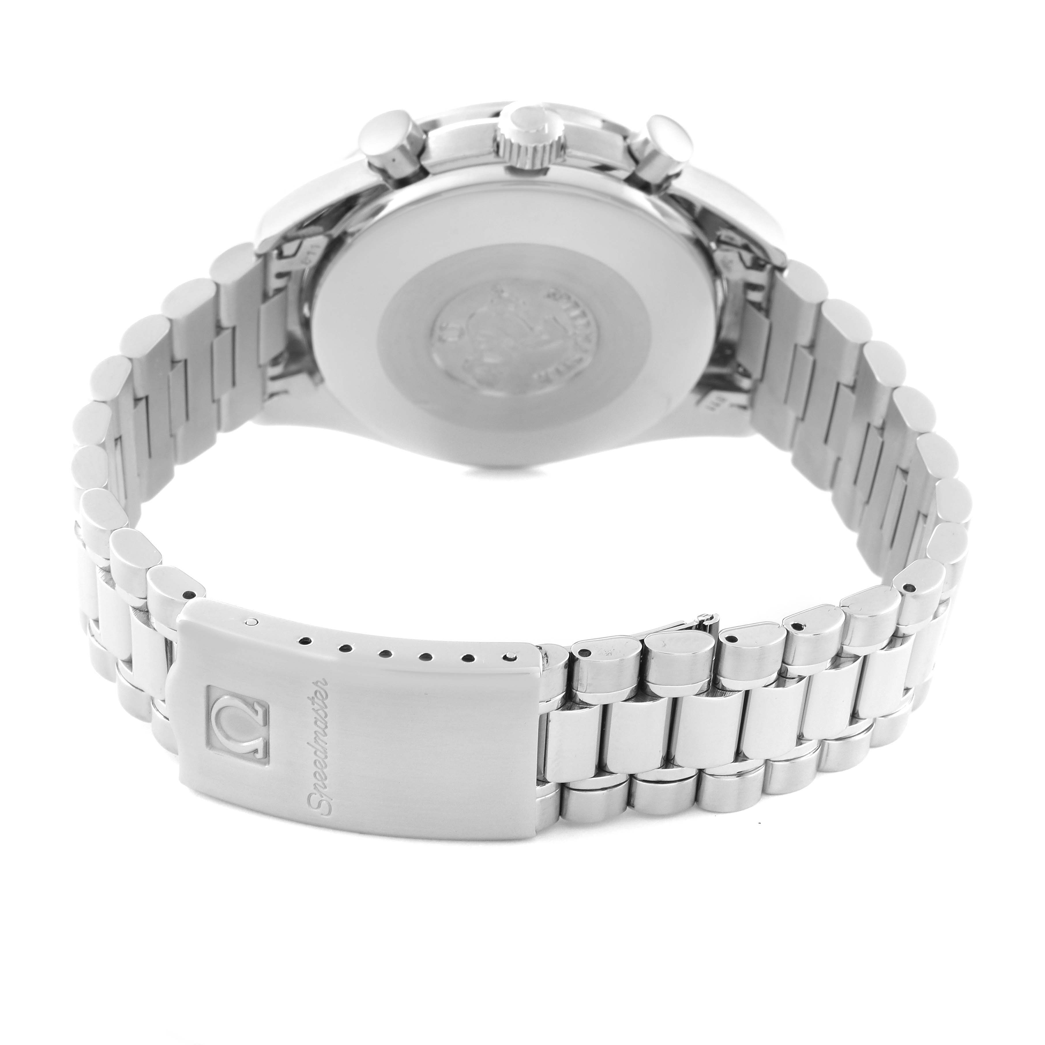The image shows the back case and clasp of an Omega Speedmaster 3510.20.00 Men's Stainless Steel White Dial 3510.20.00 Men's Stainless Steel White Dial watch, viewed from an angle focusing on its bracelet and buckle.