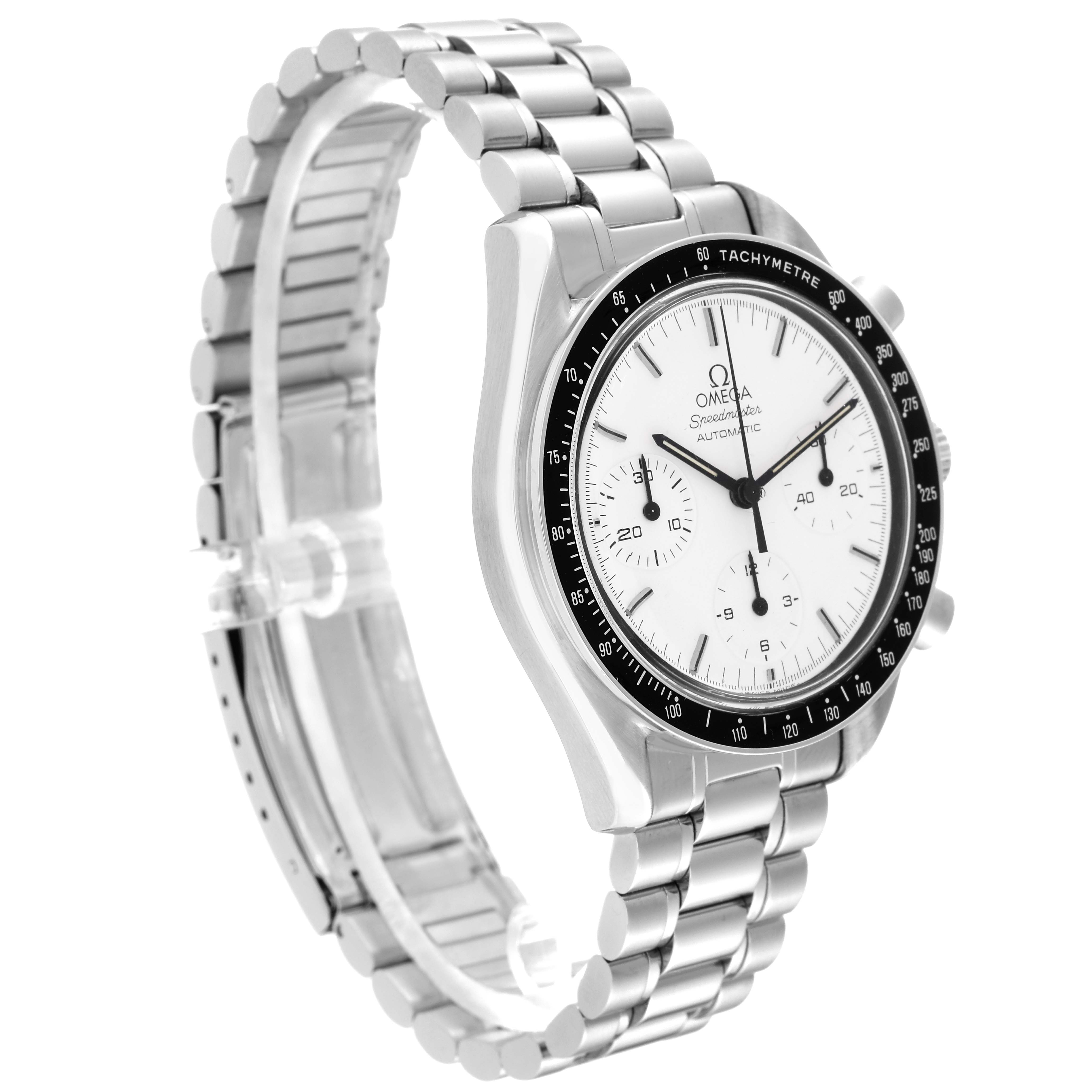 The Omega Speedmaster 3510.20.00 Men's Stainless Steel White Dial 3510.20.00 Men's Stainless Steel White Dial watch is shown from a three-quarter angle, highlighting the bracelet, bezel, and face with visible subdials.