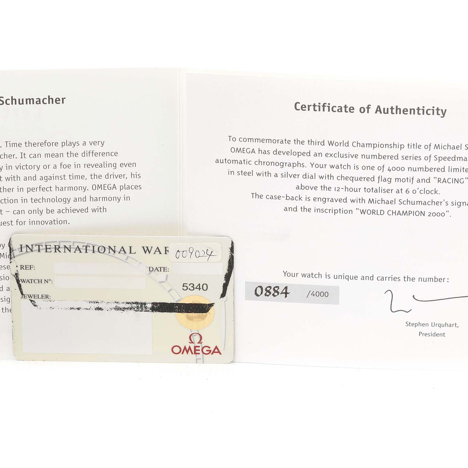 The image shows a certificate of authenticity and an international warranty card for the Omega Speedmaster 3517.30.00 Men's Stainless Steel Silver Dial 3517.30.00 Men's Stainless Steel Silver Dial model watch, numbered 0884/4000.