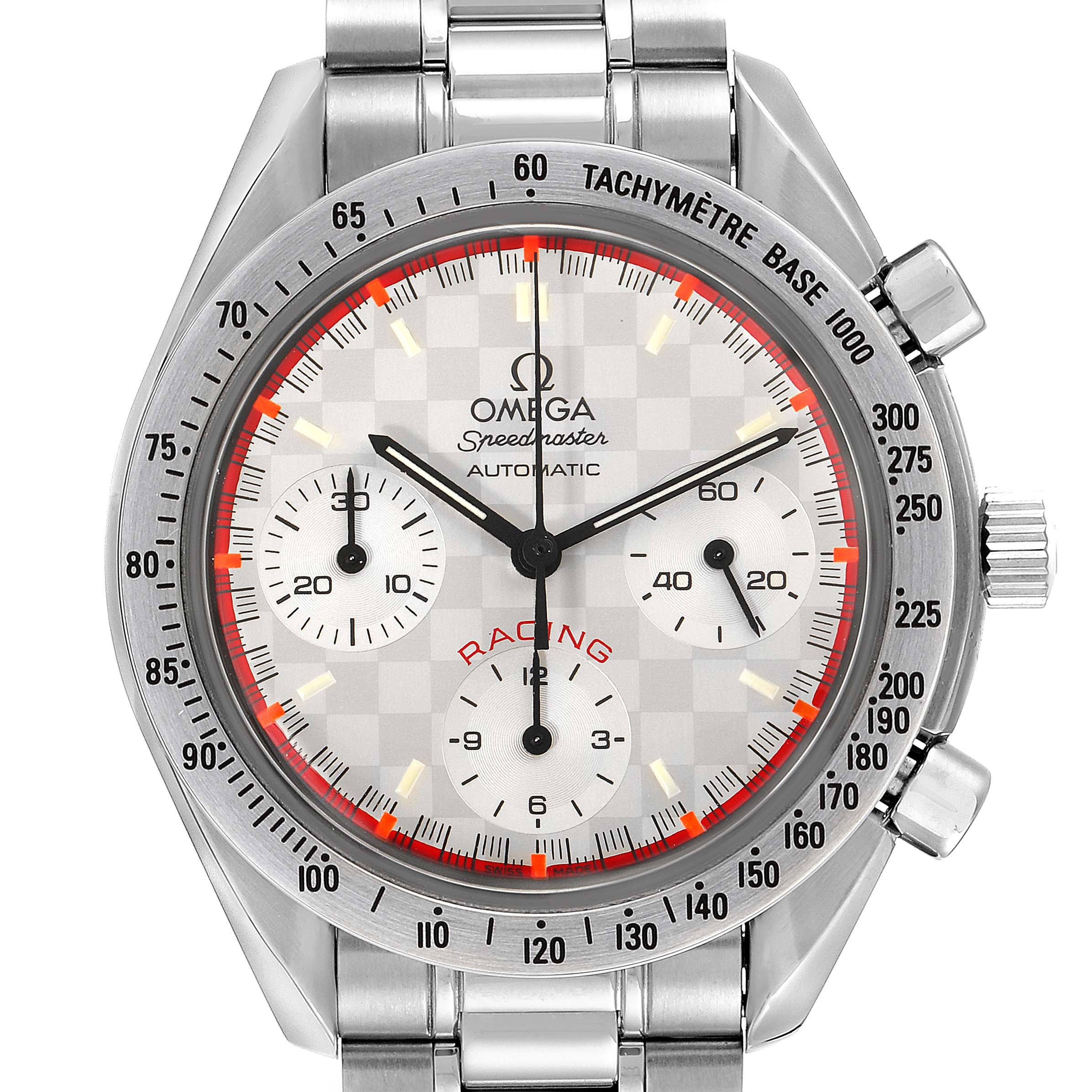 This image shows a front view of the Omega Speedmaster 3517.30.00 Men's Stainless Steel Silver Dial 3517.30.00 Men's Stainless Steel Silver Dial Racing watch, displaying its face, dial, and bracelet.