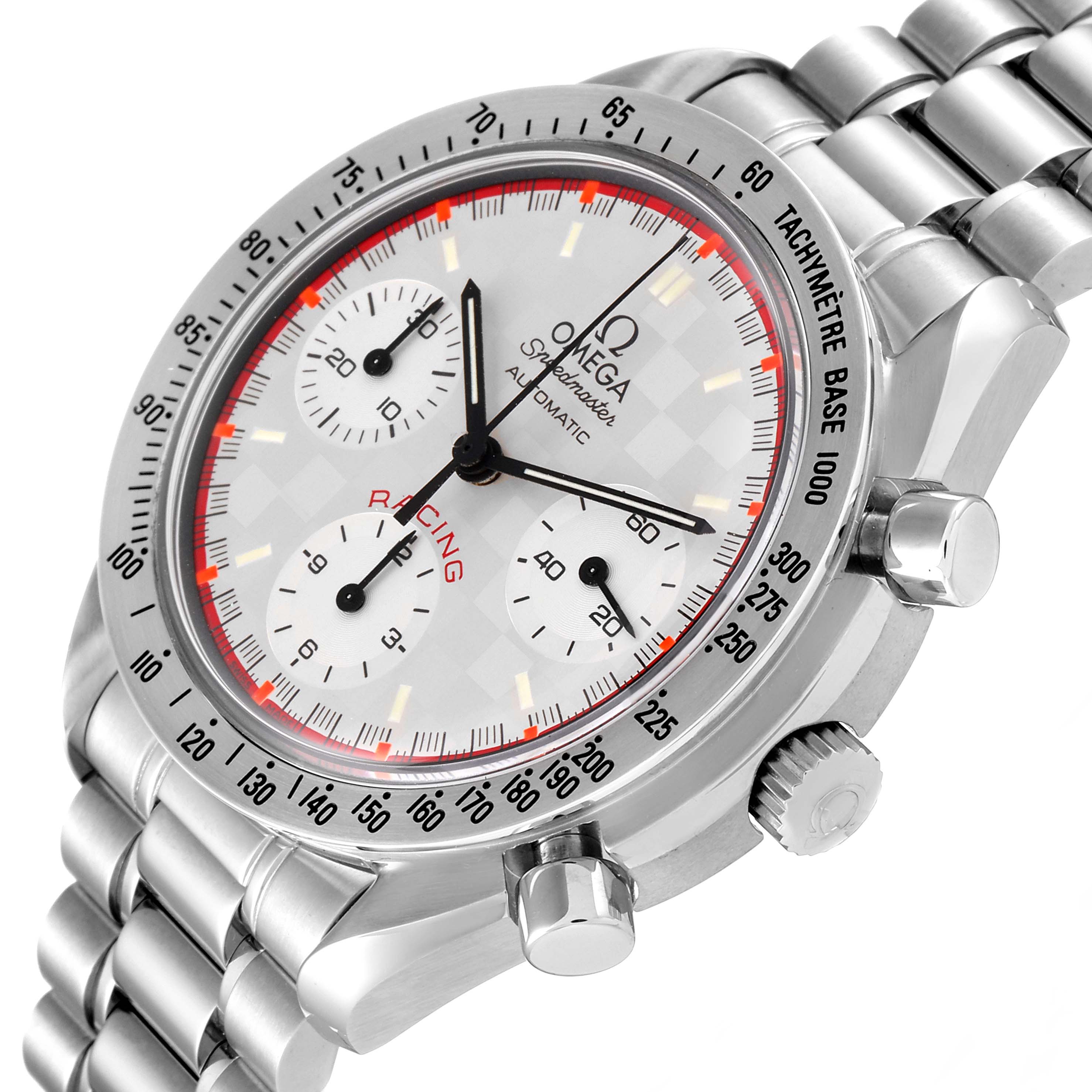 The image shows an Omega Speedmaster 3517.30.00 Men's Stainless Steel Silver Dial 3517.30.00 Men's Stainless Steel Silver Dial watch angled to display the face, bezel, crown, and bracelet.