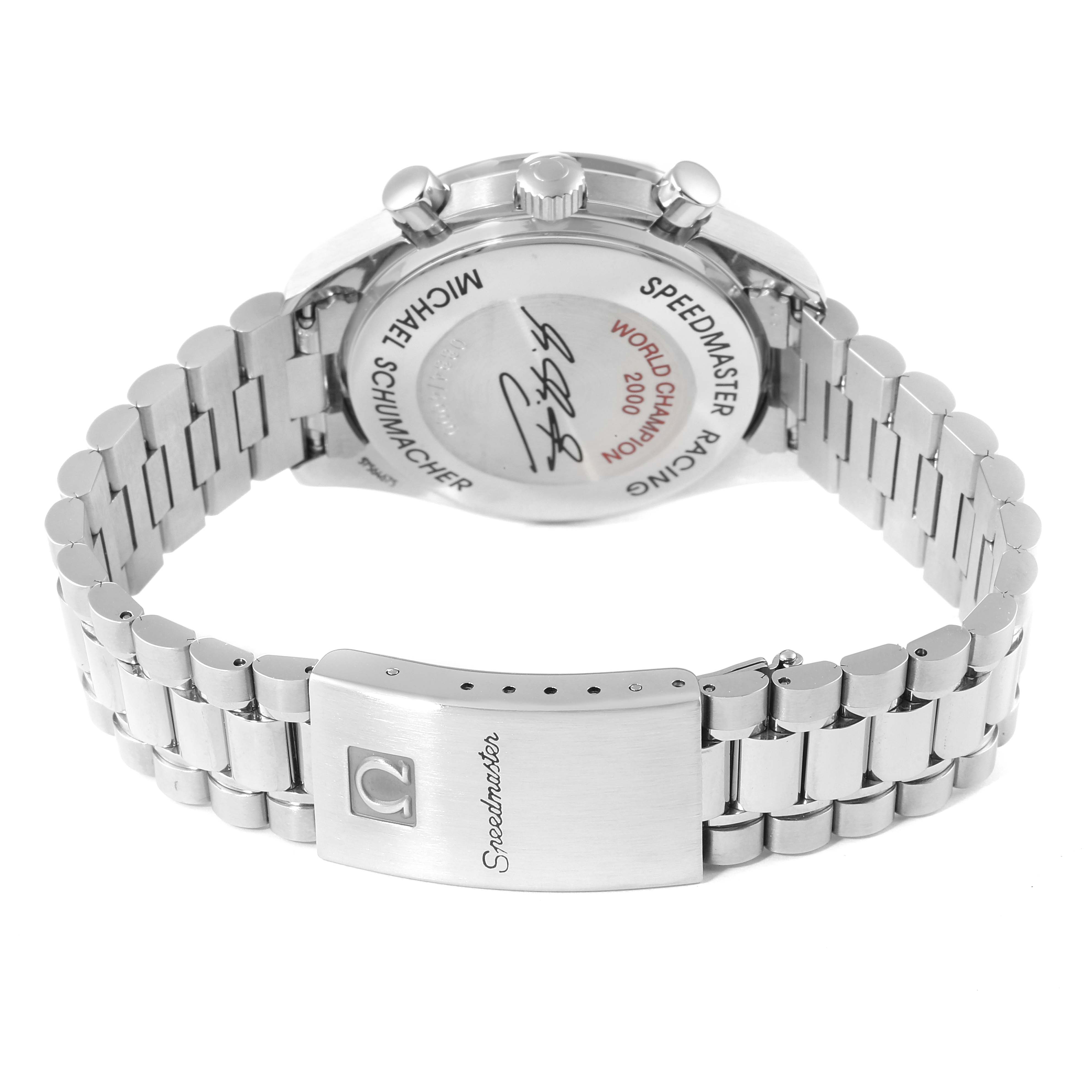 The image shows the back of the Omega Speedmaster 3517.30.00 Men's Stainless Steel Silver Dial 3517.30.00 Men's Stainless Steel Silver Dial watch, displaying the case back and metal bracelet with clasp.