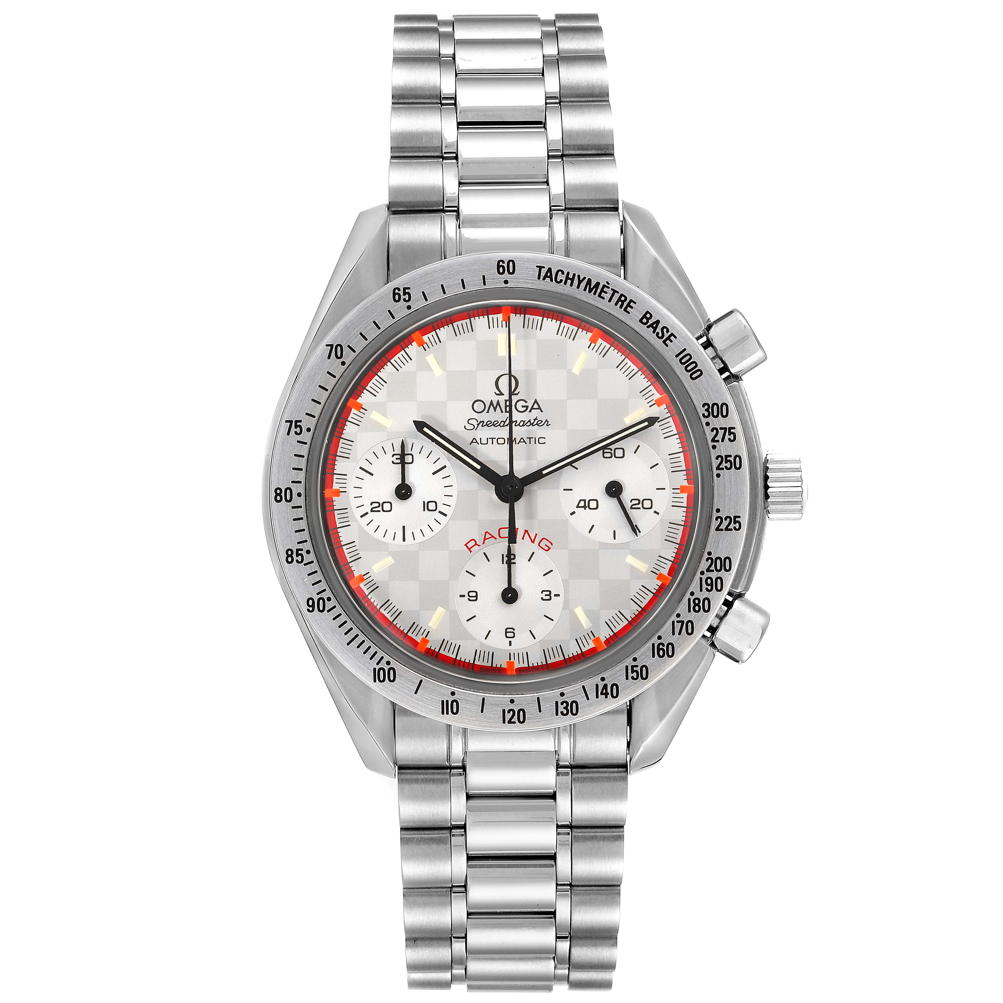 The image shows a front view of the Omega Speedmaster 3517.30.00 Men's Stainless Steel Silver Dial 3517.30.00 Men's Stainless Steel Silver Dial watch, featuring its face, bezel, and metal bracelet.