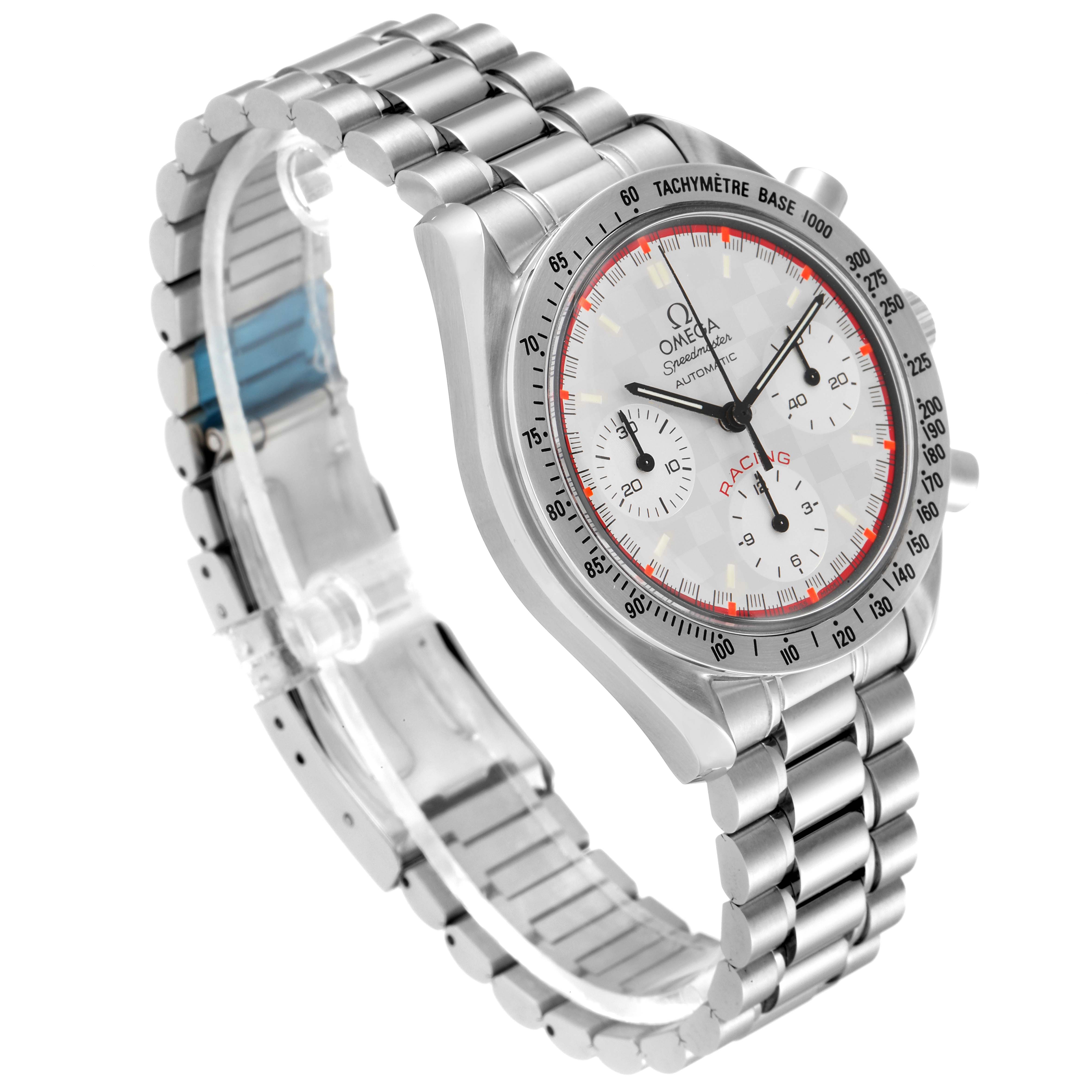 The Omega Speedmaster 3517.30.00 Men's Stainless Steel Silver Dial 3517.30.00 Men's Stainless Steel Silver Dial watch is shown at a three-quarter angle, highlighting its dial, bezel, and bracelet.