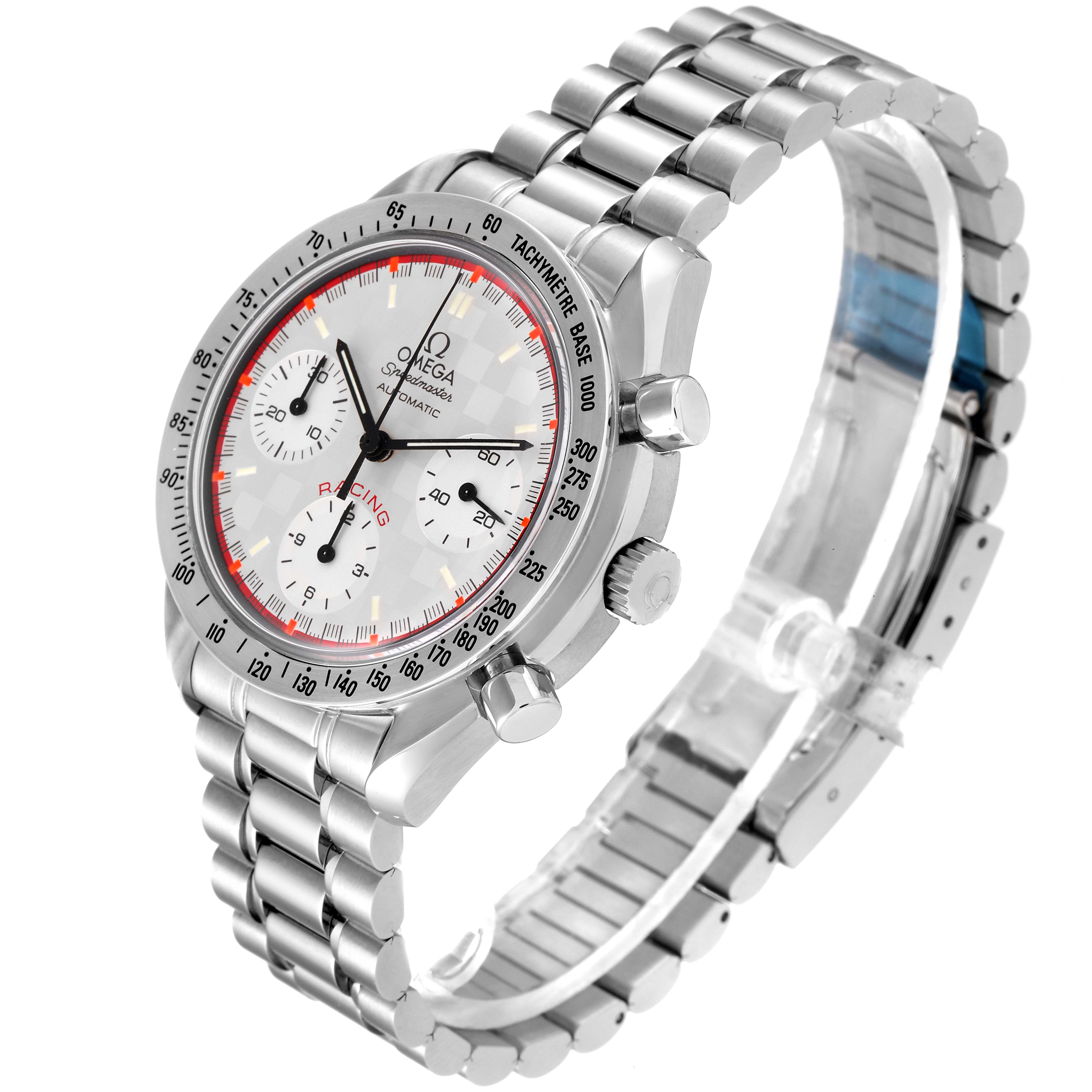 This image shows an Omega Speedmaster 3517.30.00 Men's Stainless Steel Silver Dial 3517.30.00 Men's Stainless Steel Silver Dial watch from an angled view, highlighting its face, bracelet, and side pushers.
