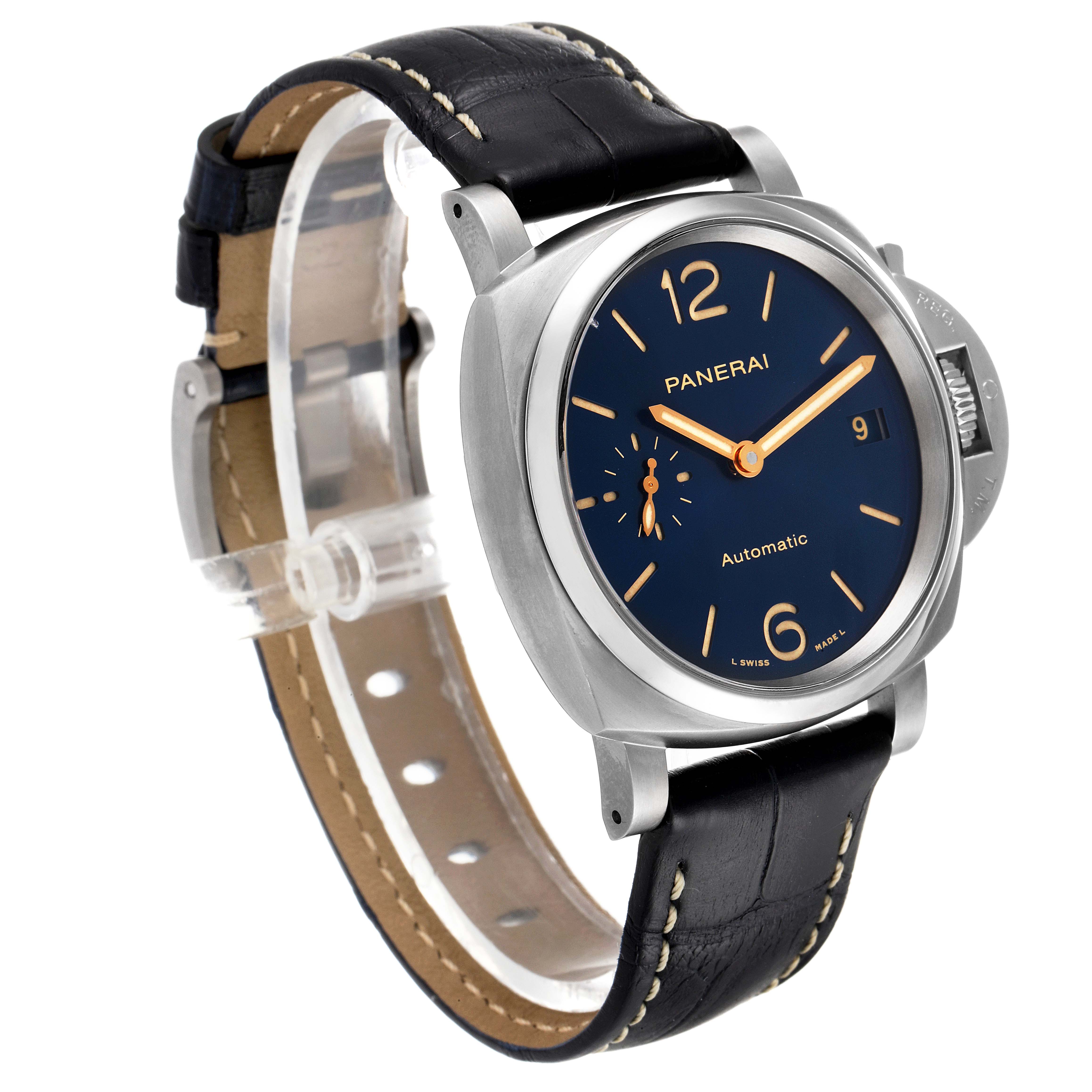 The image shows the Panerai Luminor Due PAM00926 Men's Titanium Blue Dial PAM00926 Men's Titanium Blue Dial watch at a three-quarter angle, highlighting the dial, bezel, crown guard, strap, and clasp.