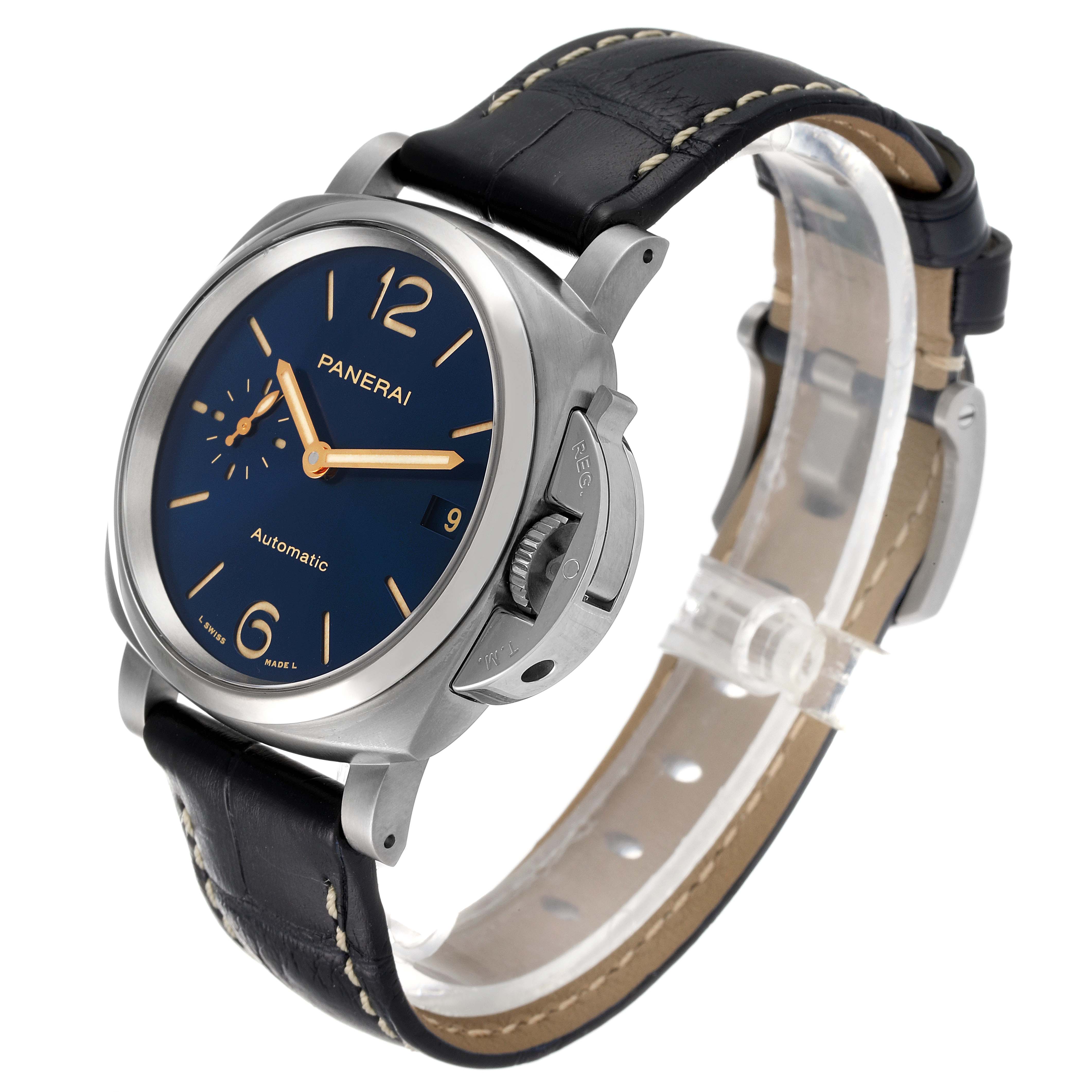 The image shows a Panerai Luminor Due PAM00926 Men's Titanium Blue Dial PAM00926 Men's Titanium Blue Dial watch at a three-quarter angle, highlighting the dial, crown guard, and leather strap.
