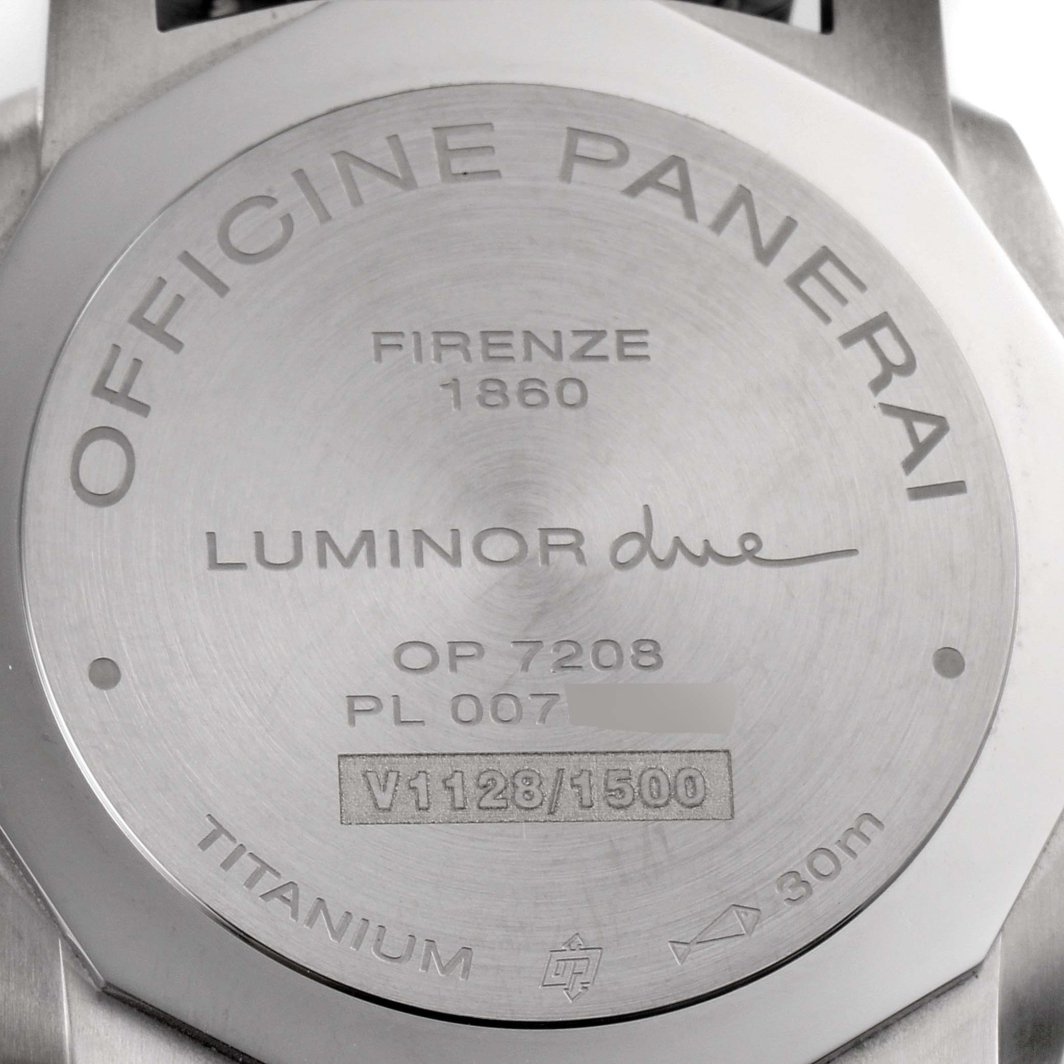 The image shows the titanium case back of a Panerai Luminor Due PAM00926 Men's Titanium Blue Dial PAM00926 Men's Titanium Blue Dial watch, featuring engraved details and model information.