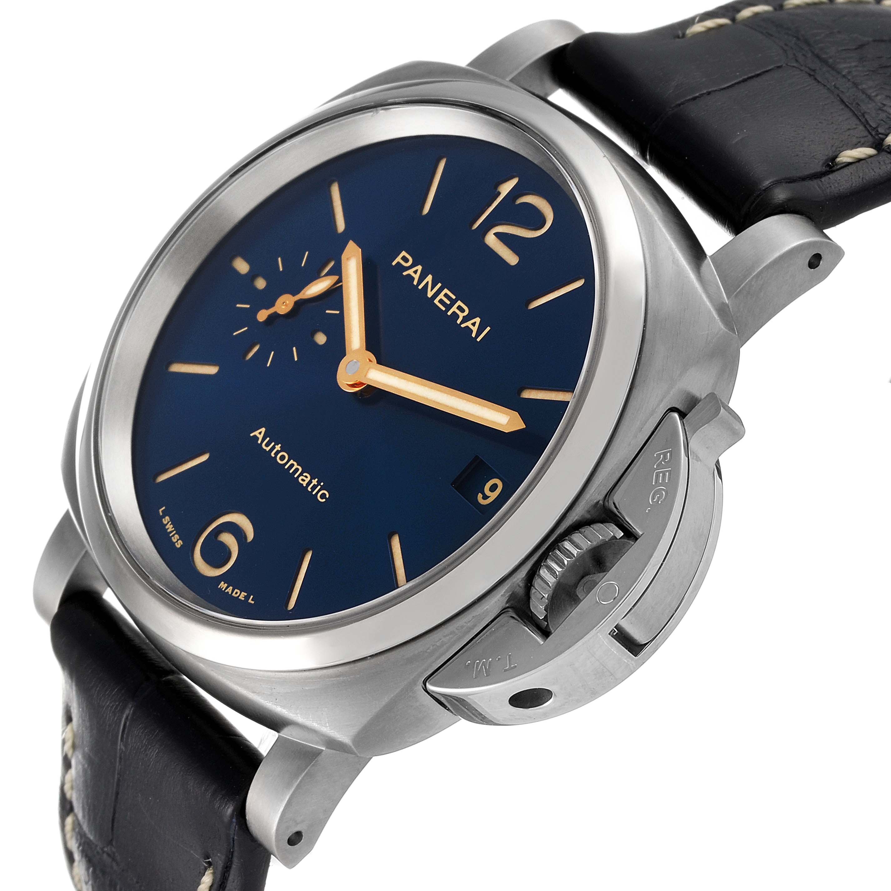 The Panerai Luminor Due PAM00926 Men's Titanium Blue Dial PAM00926 Men's Titanium Blue Dial watch is shown at an angled view, highlighting the face, crown guard, and strap.