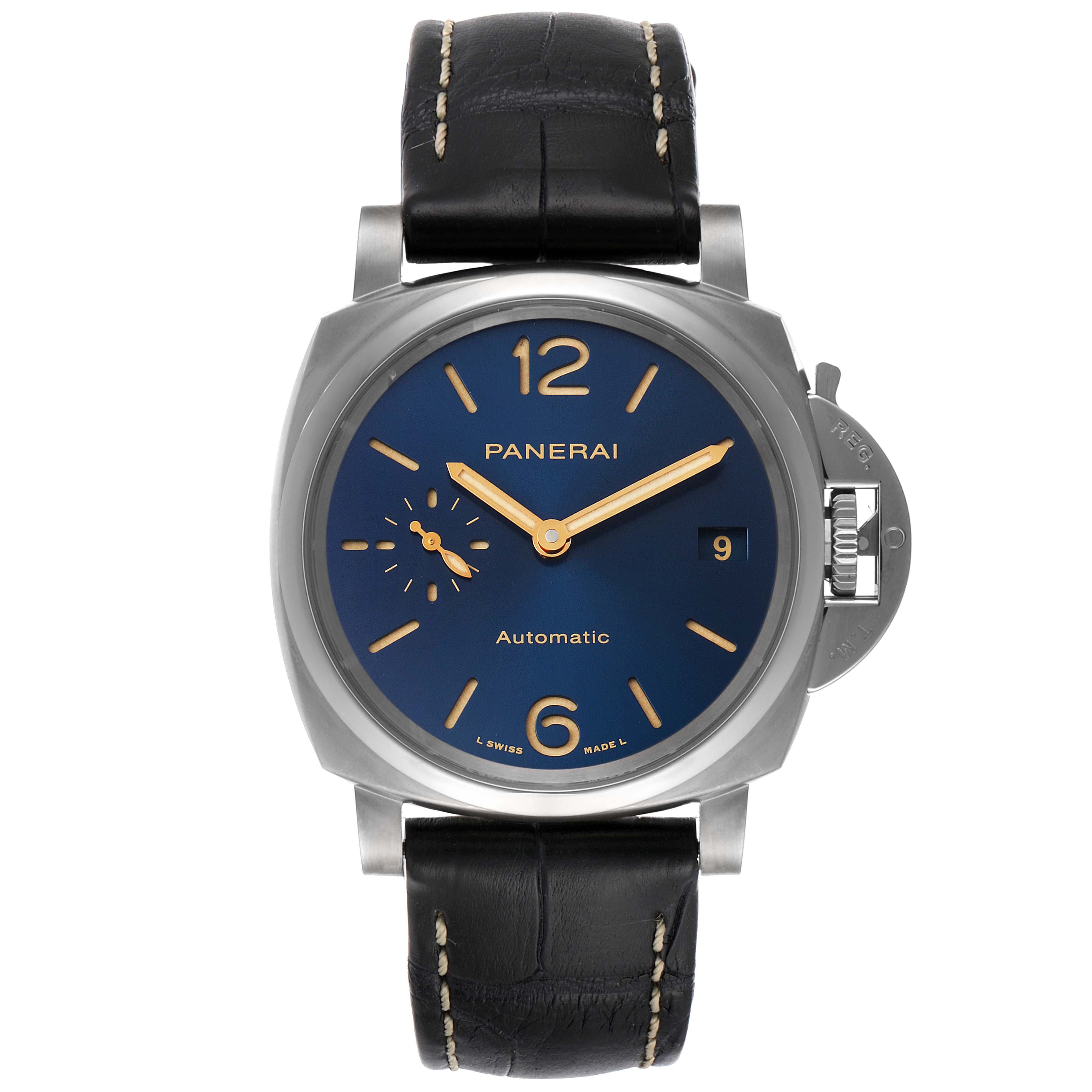The image shows a front view of the Panerai Luminor Due PAM00926 Men's Titanium Blue Dial PAM00926 Men's Titanium Blue Dial watch, displaying its blue dial, gold hands, and black leather strap.