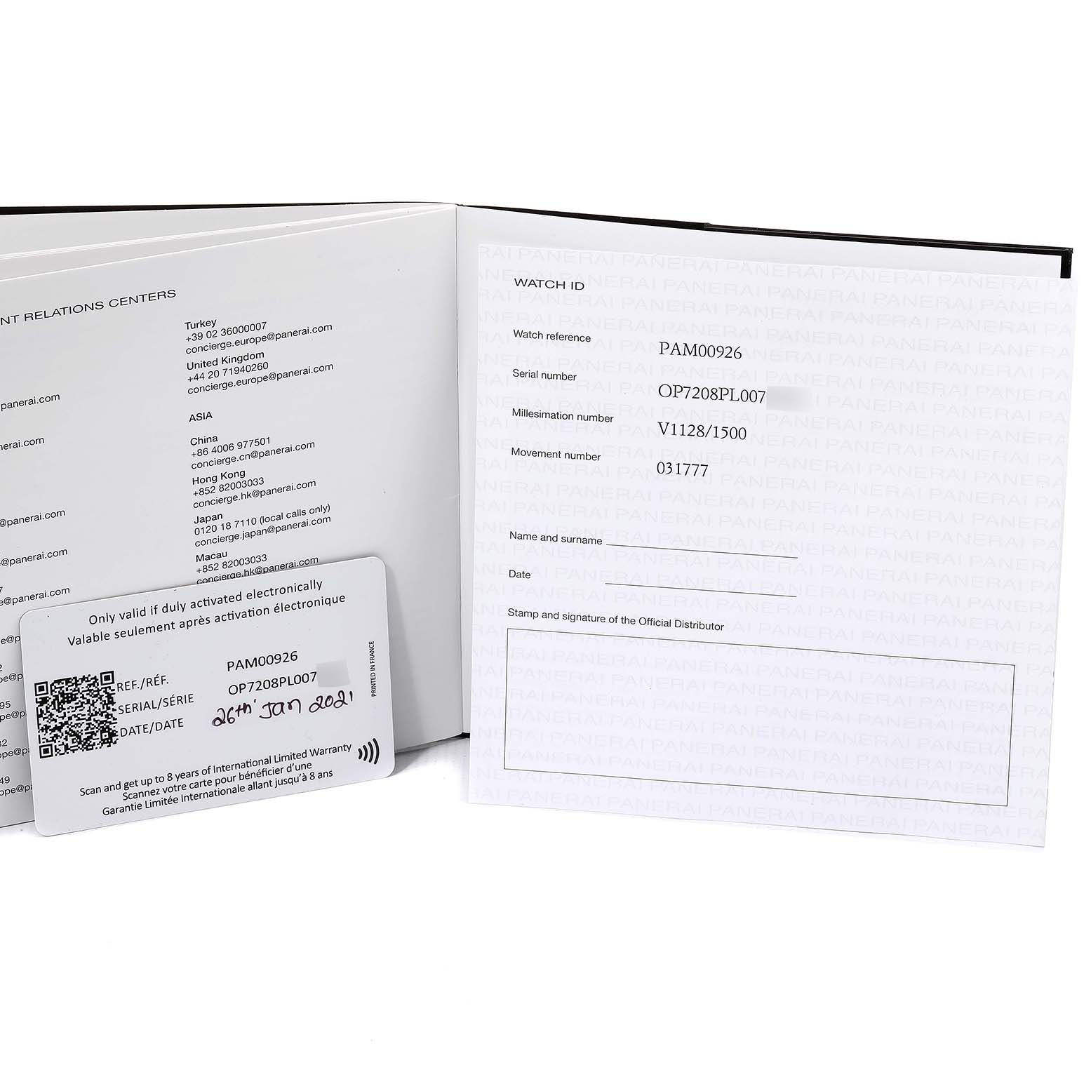 The image shows the warranty booklet and identification card for the Panerai Luminor Due PAM00926 Men's Titanium Blue Dial PAM00926 Men's Titanium Blue Dial model, viewed open and from the front angle.