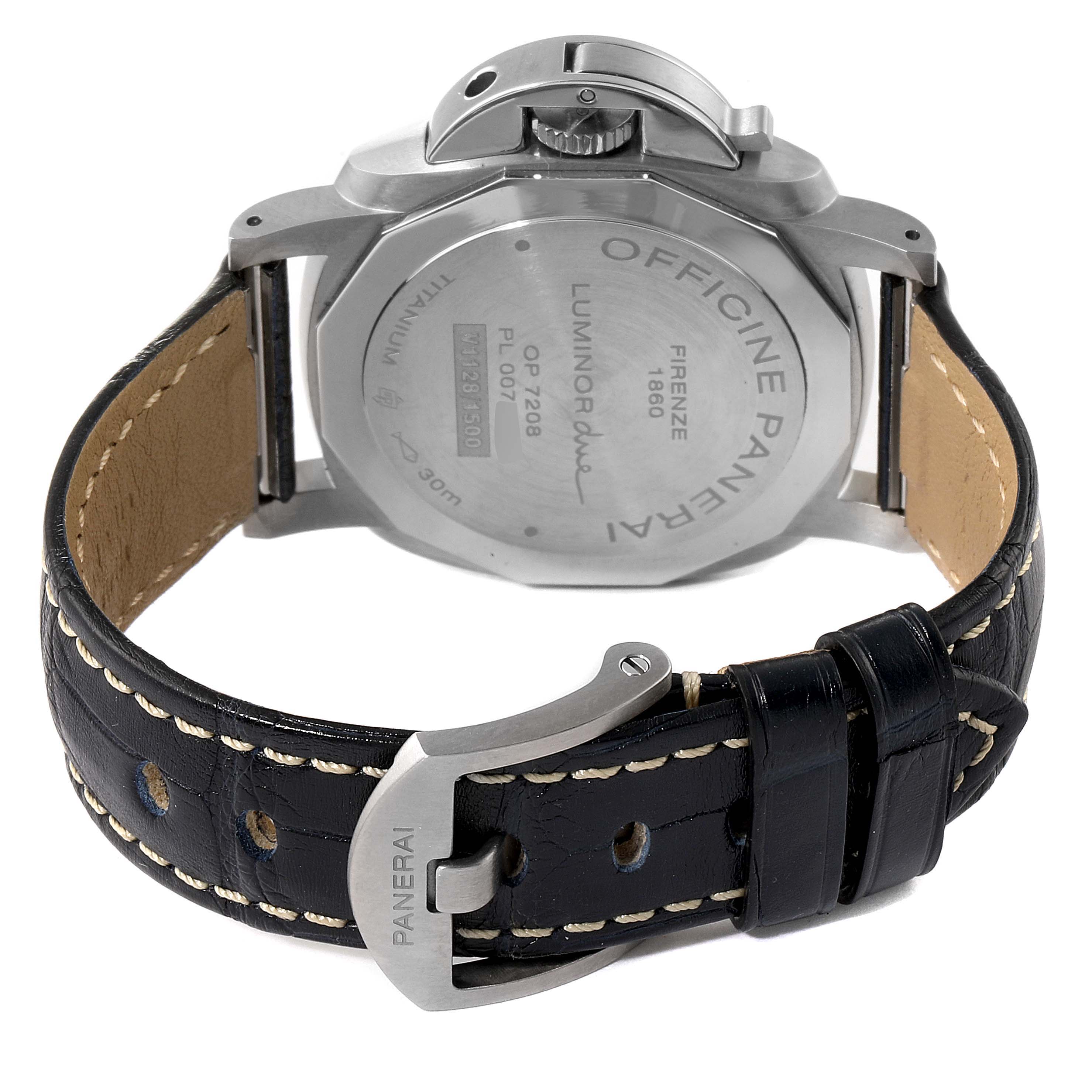 The image shows the back view of a Luminor Due by Panerai, focusing on the case back and leather strap with buckle.