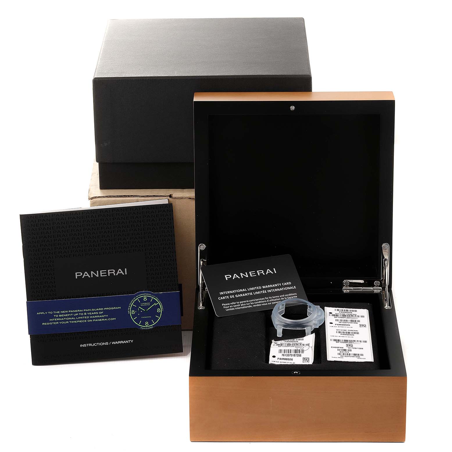 The image shows the packaging and accessories for a Panerai Luminor Due PAM00926 Men's Titanium Blue Dial PAM00926 Men's Titanium Blue Dial watch, including the box, warranty card, and instructions.