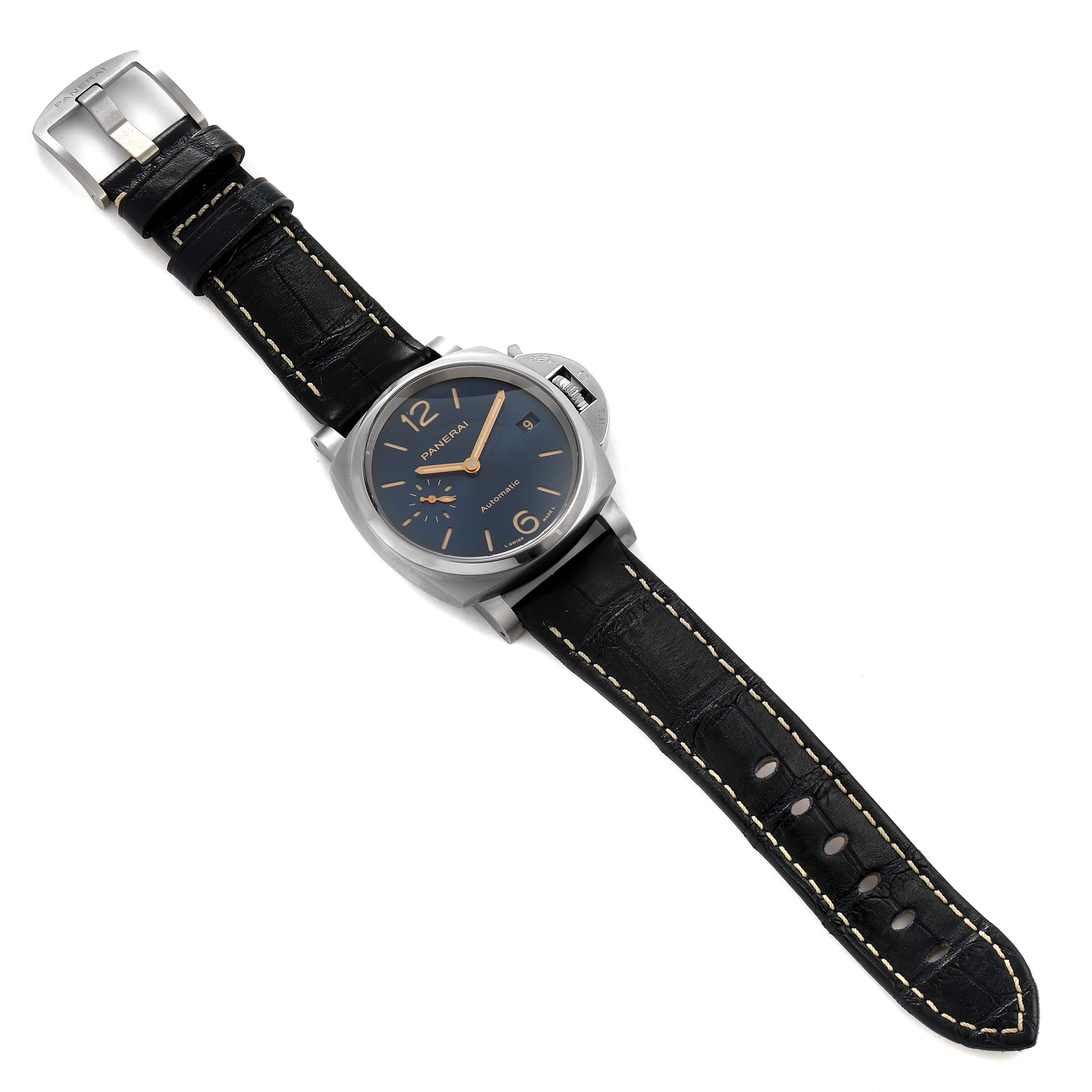 The image shows a Panerai Luminor Due PAM00926 Men's Titanium Blue Dial PAM00926 Men's Titanium Blue Dial watch, featuring the face, hands, case, and leather strap from a top-down angle.
