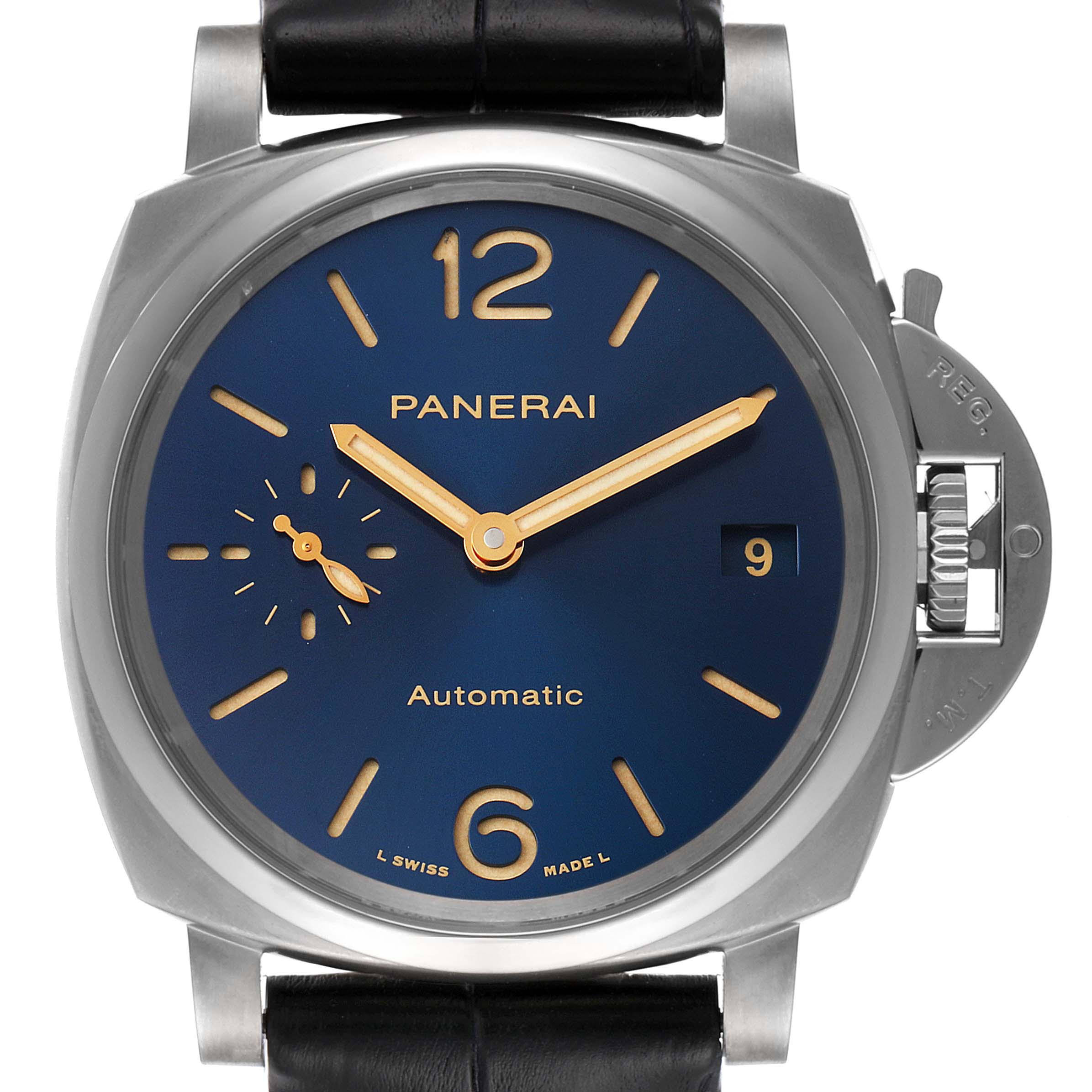 The image shows the Panerai Luminor Due PAM00926 Men's Titanium Blue Dial PAM00926 Men's Titanium Blue Dial watch from a front angle, displaying its dial, hands, and crown protector.