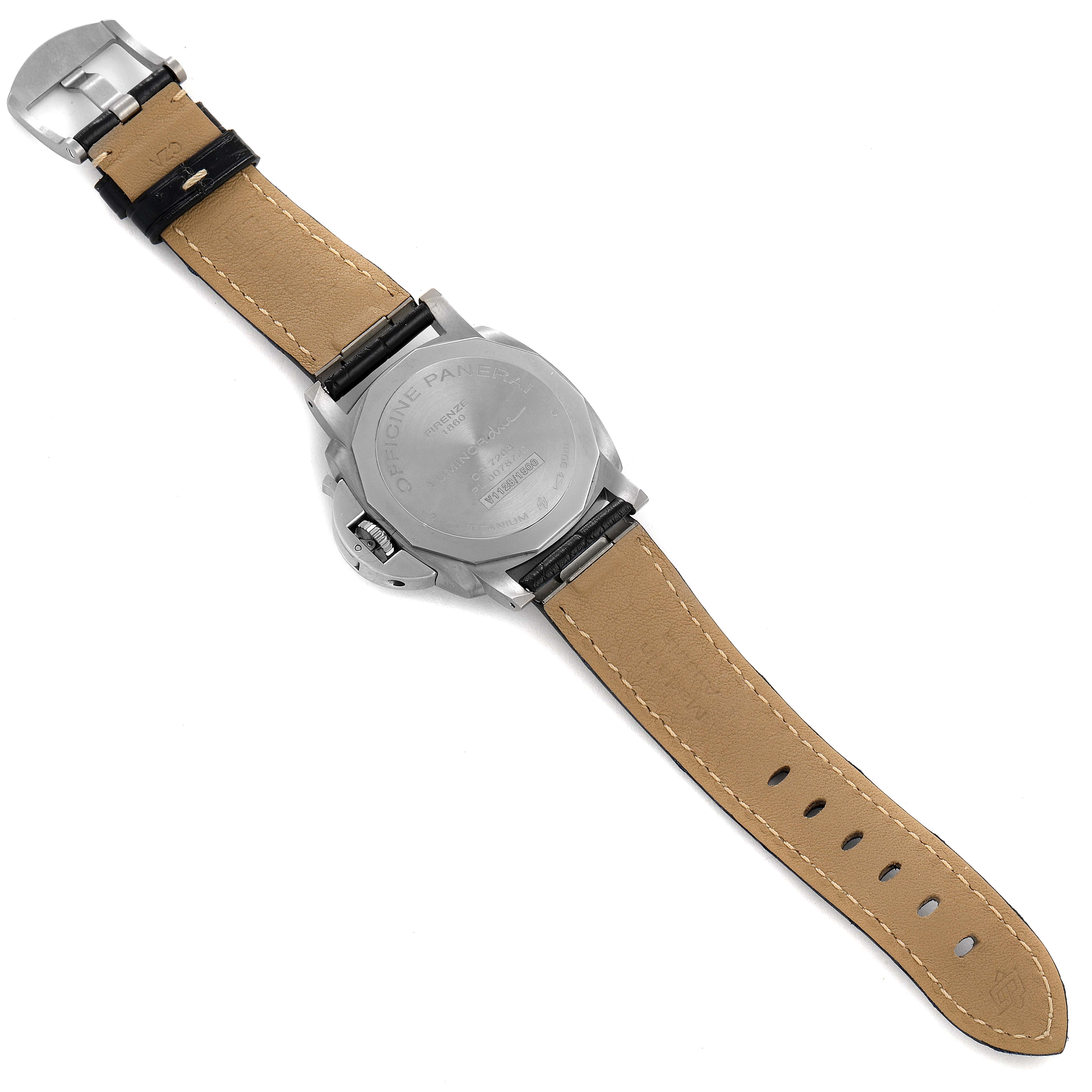 The image shows the back view of a Luminor Due model by Panerai, highlighting the case back and leather strap.