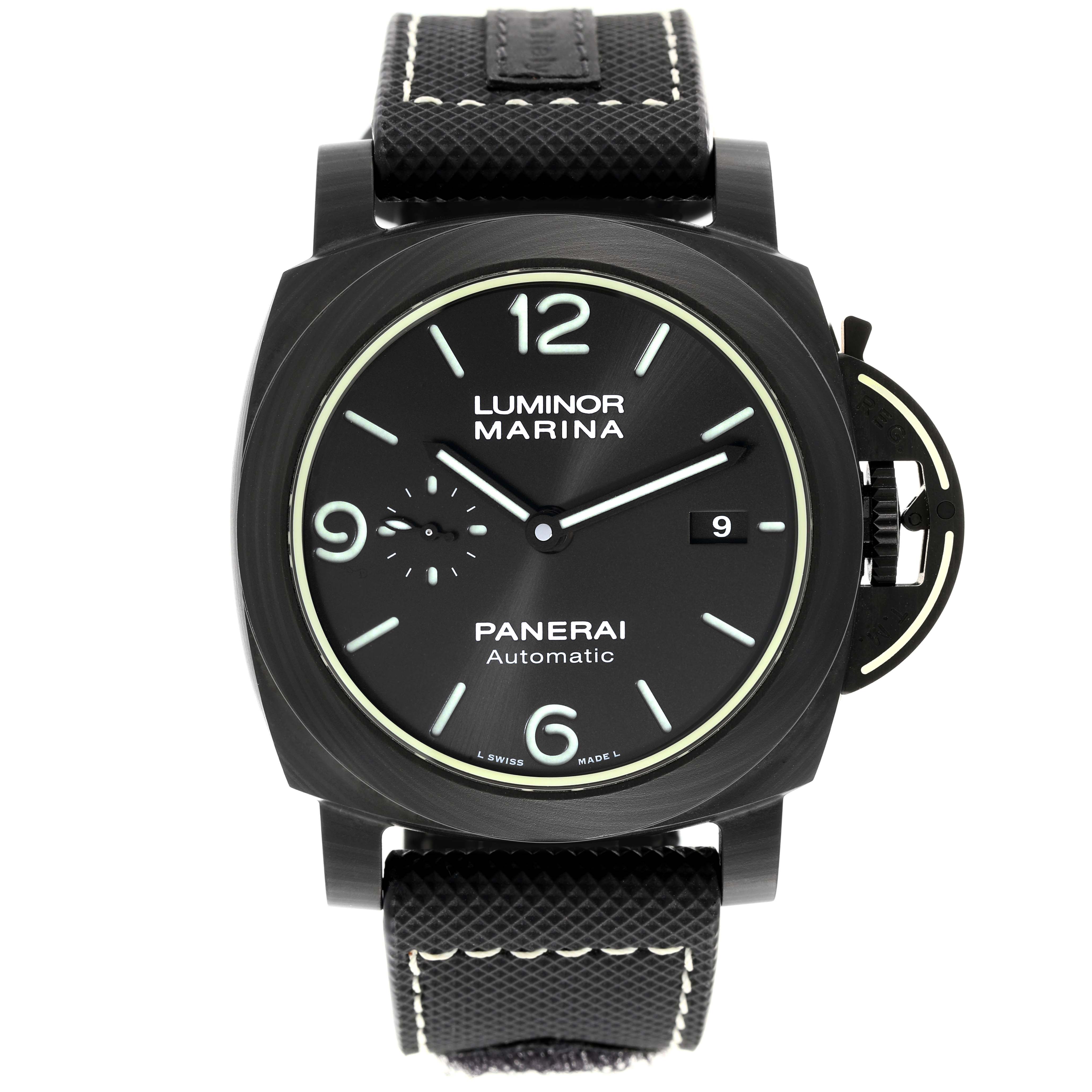 This image shows a front view of the Panerai Luminor PAM01118 Men's Ceramic Black Dial PAM01118 Men's Ceramic Black Dial Marina watch, highlighting its dial, case, and strap.