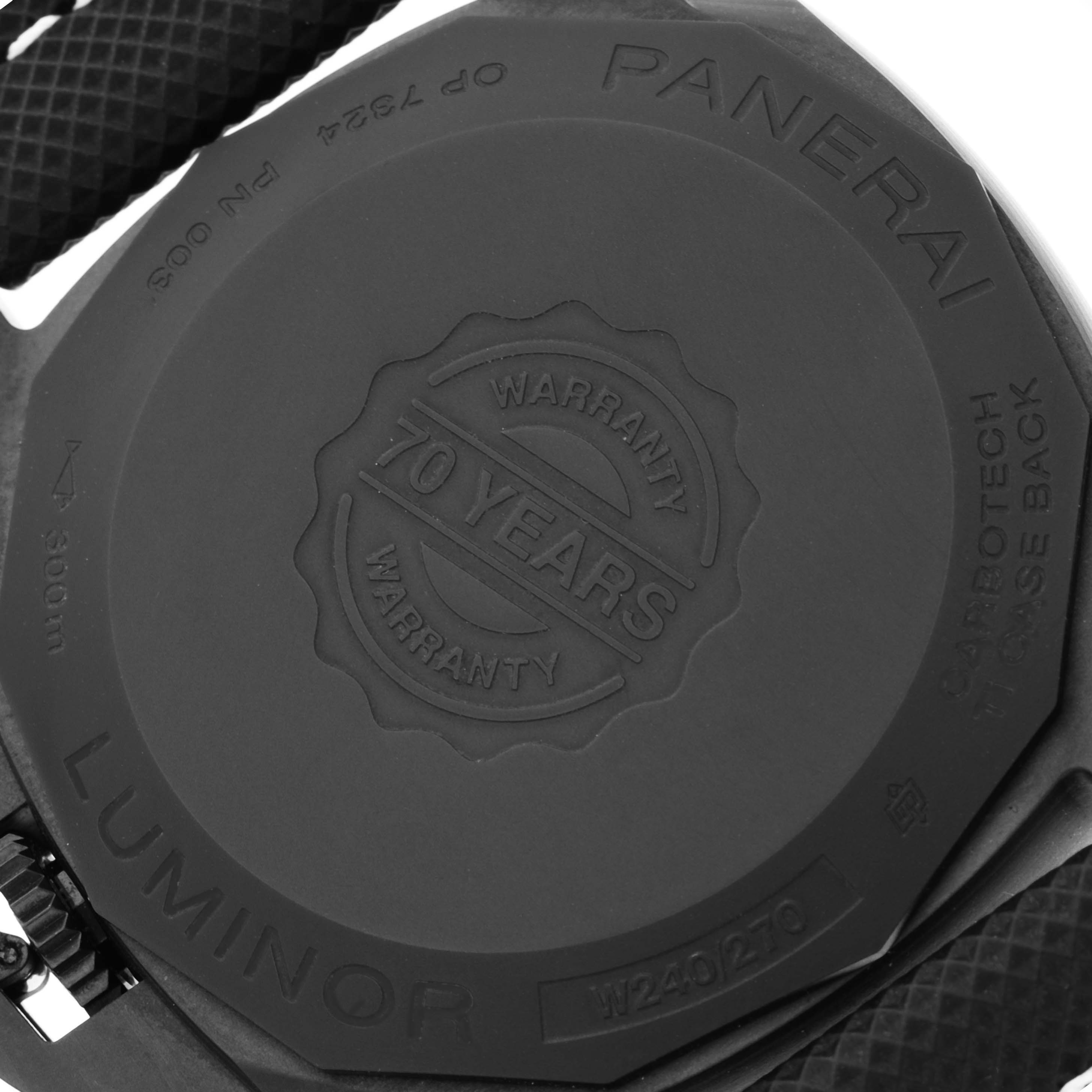 The image shows the case back of the Panerai Luminor PAM01118 Men's Ceramic Black Dial PAM01118 Men's Ceramic Black Dial watch, highlighting the "70 Years Warranty" engraving.