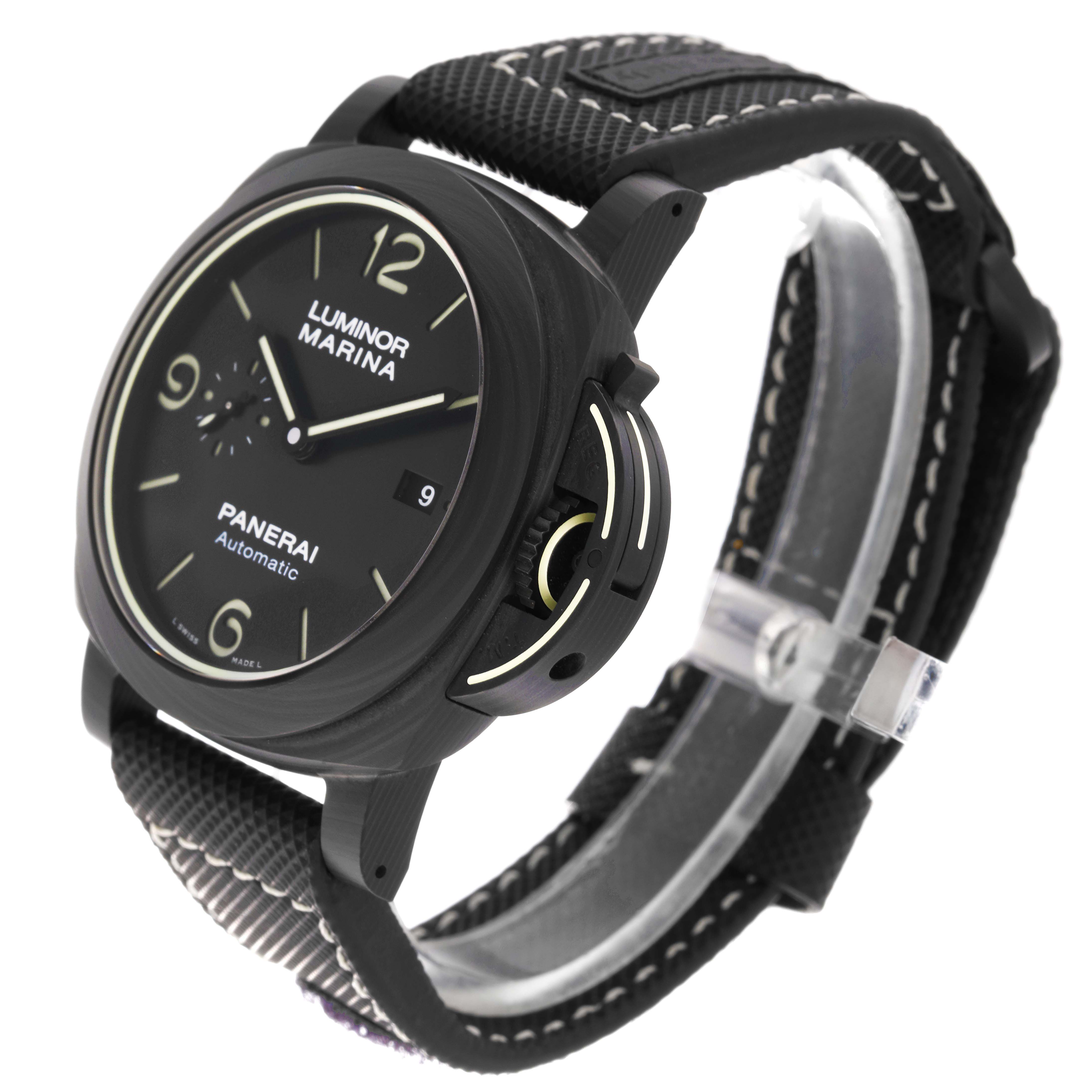 The image shows a Panerai Luminor PAM01118 Men's Ceramic Black Dial PAM01118 Men's Ceramic Black Dial Marina watch at a slight angle, highlighting the face, strap, and crown guard.