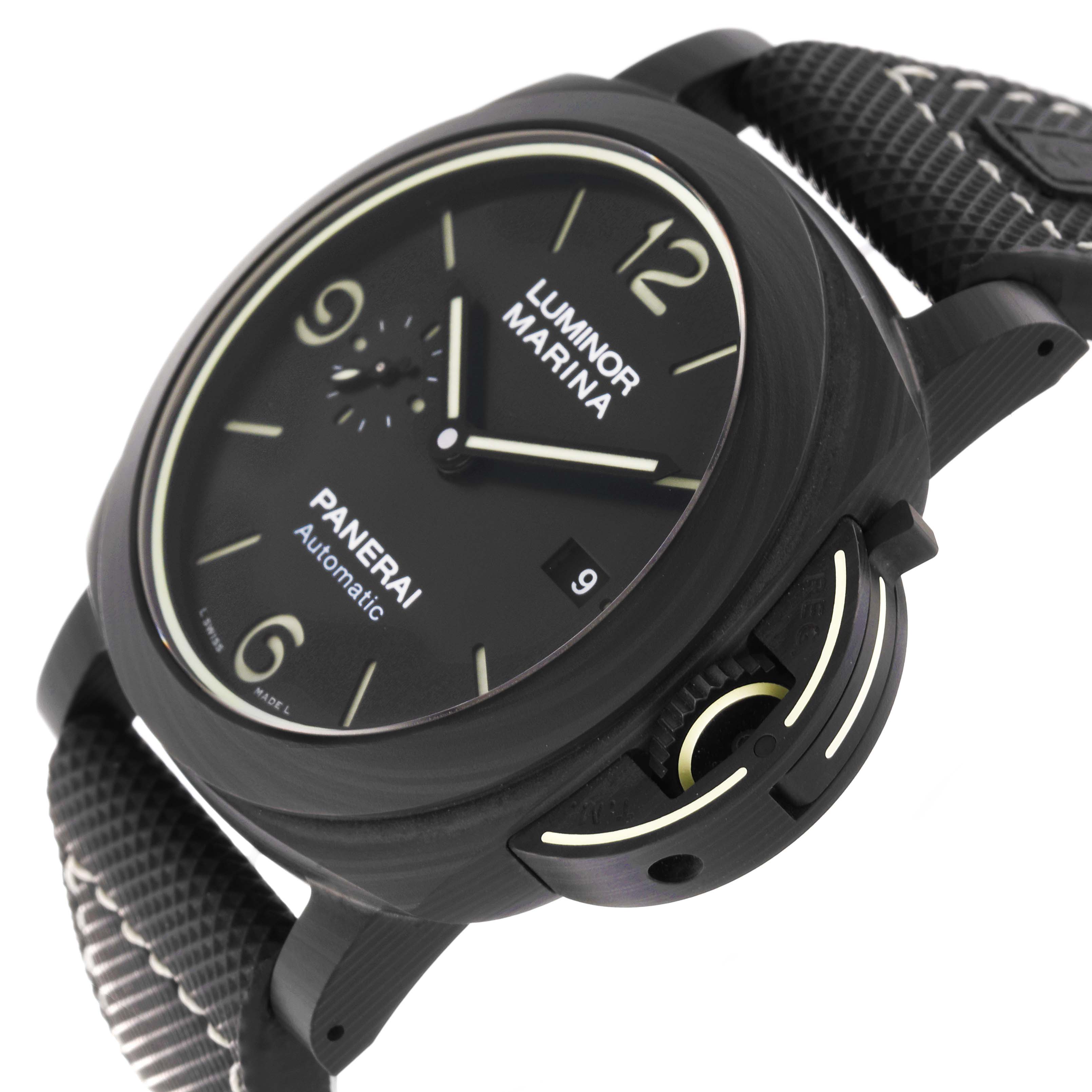 The image shows a side-angle view of the Panerai Luminor PAM01118 Men's Ceramic Black Dial PAM01118 Men's Ceramic Black Dial watch, highlighting its black dial, strap, and crown guard.