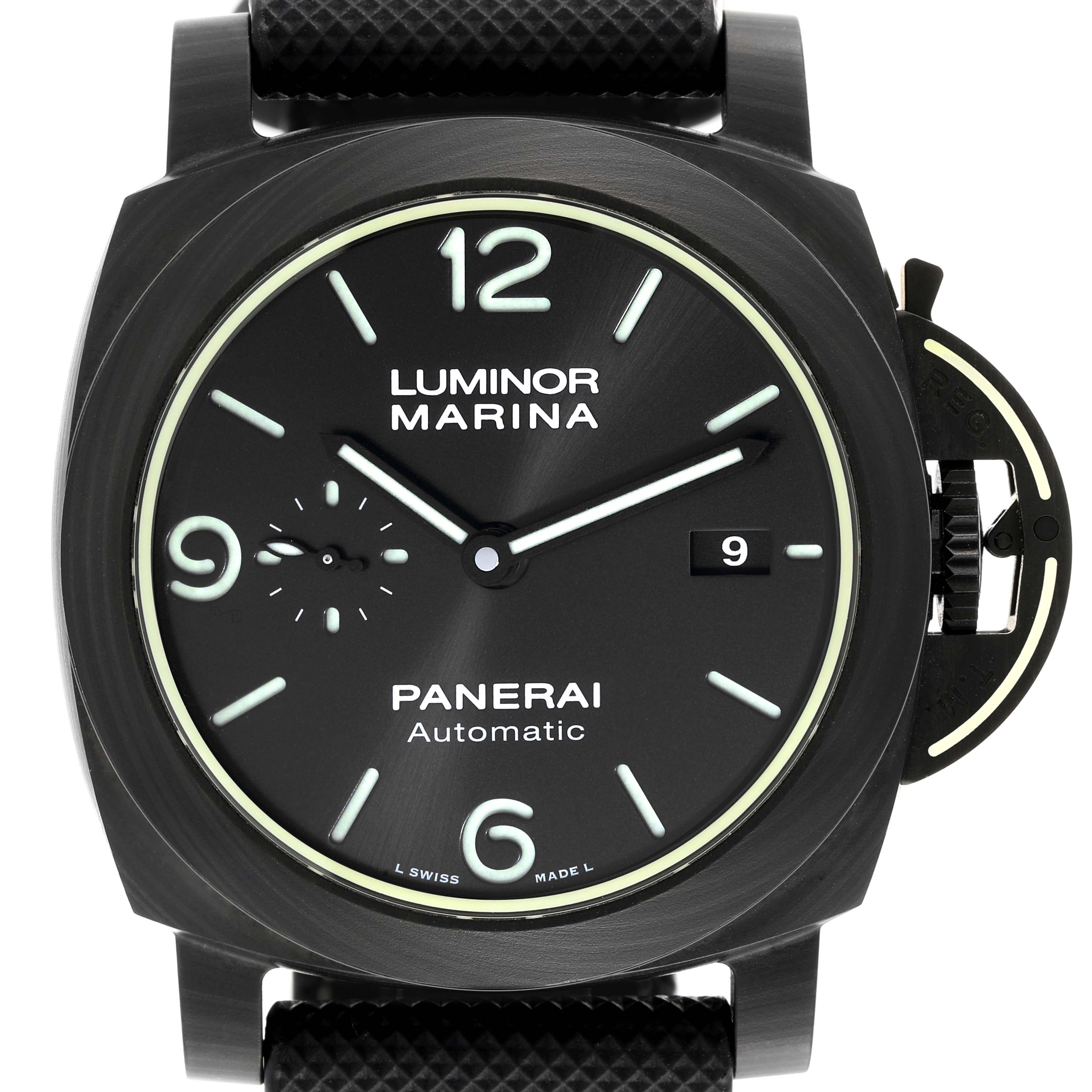 A front view of the Panerai Luminor PAM01118 Men's Ceramic Black Dial PAM01118 Men's Ceramic Black Dial watch displaying the face, dial, and crown protector.