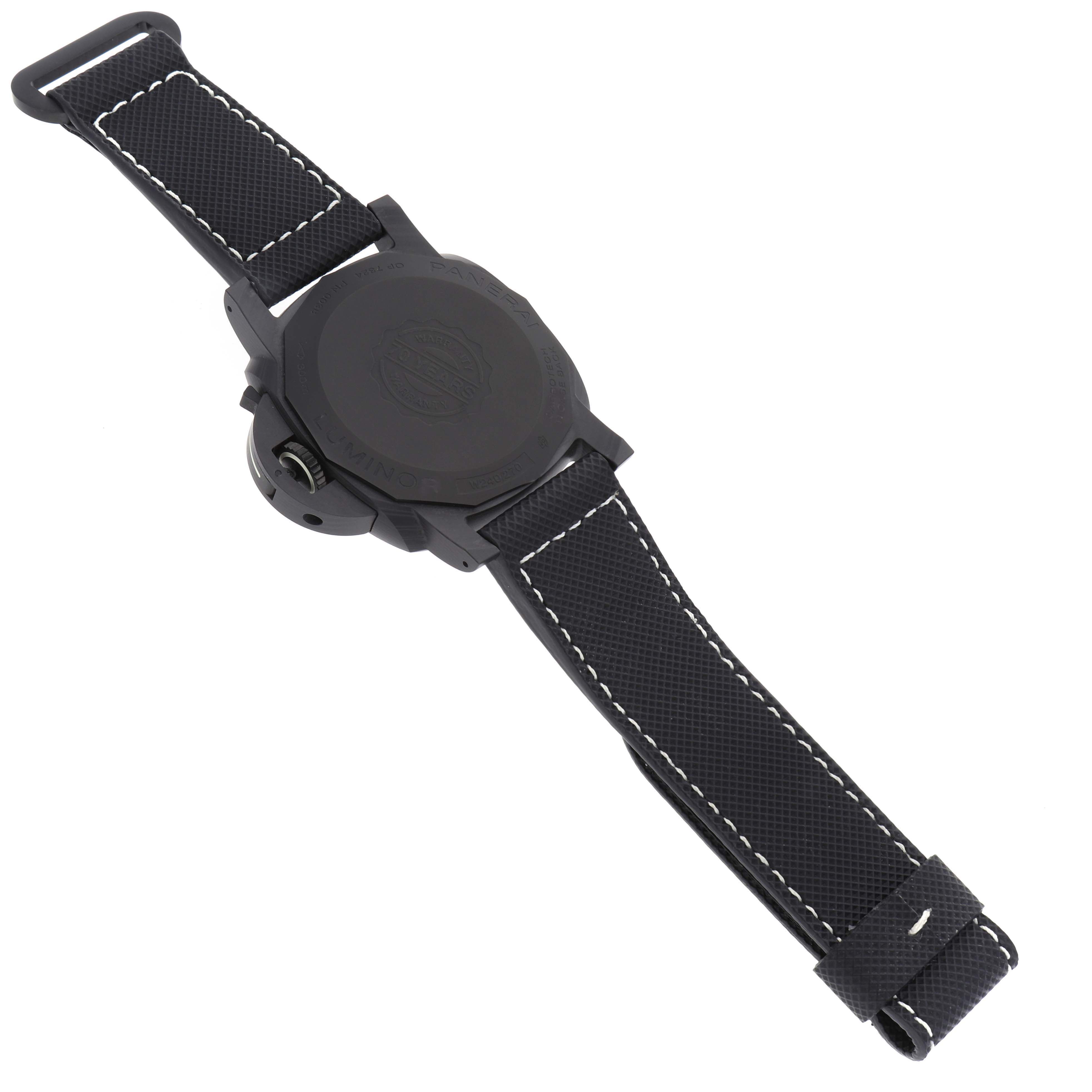 This image shows the back view of a Panerai Luminor PAM01118 Men's Ceramic Black Dial PAM01118 Men's Ceramic Black Dial watch, highlighting its strap and case back.