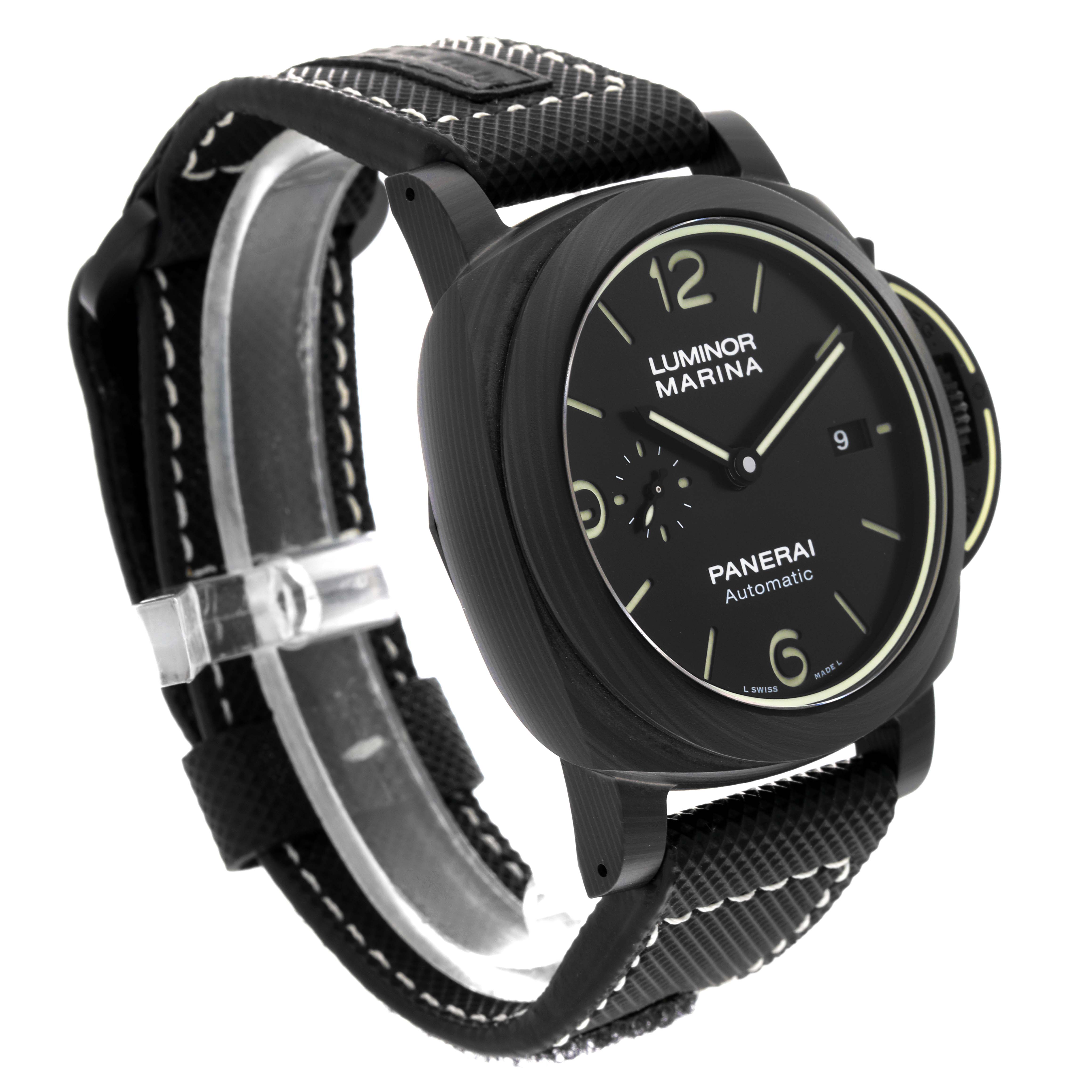 The Luminor model by Panerai is shown at a three-quarter angle highlighting the face, strap, and crown guard.