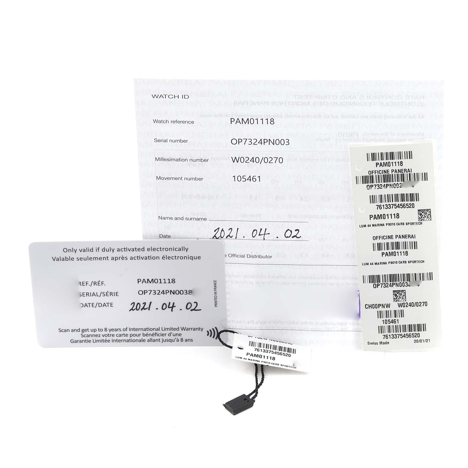 The image shows identification documents and tags for a Panerai Luminor PAM01118 Men's Ceramic Black Dial PAM01118 Men's Ceramic Black Dial model PAM01118 watch.