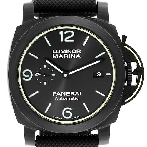 The image shows a front view of the Panerai Luminor Marina watch, highlighting the dial, numerals, and crown.