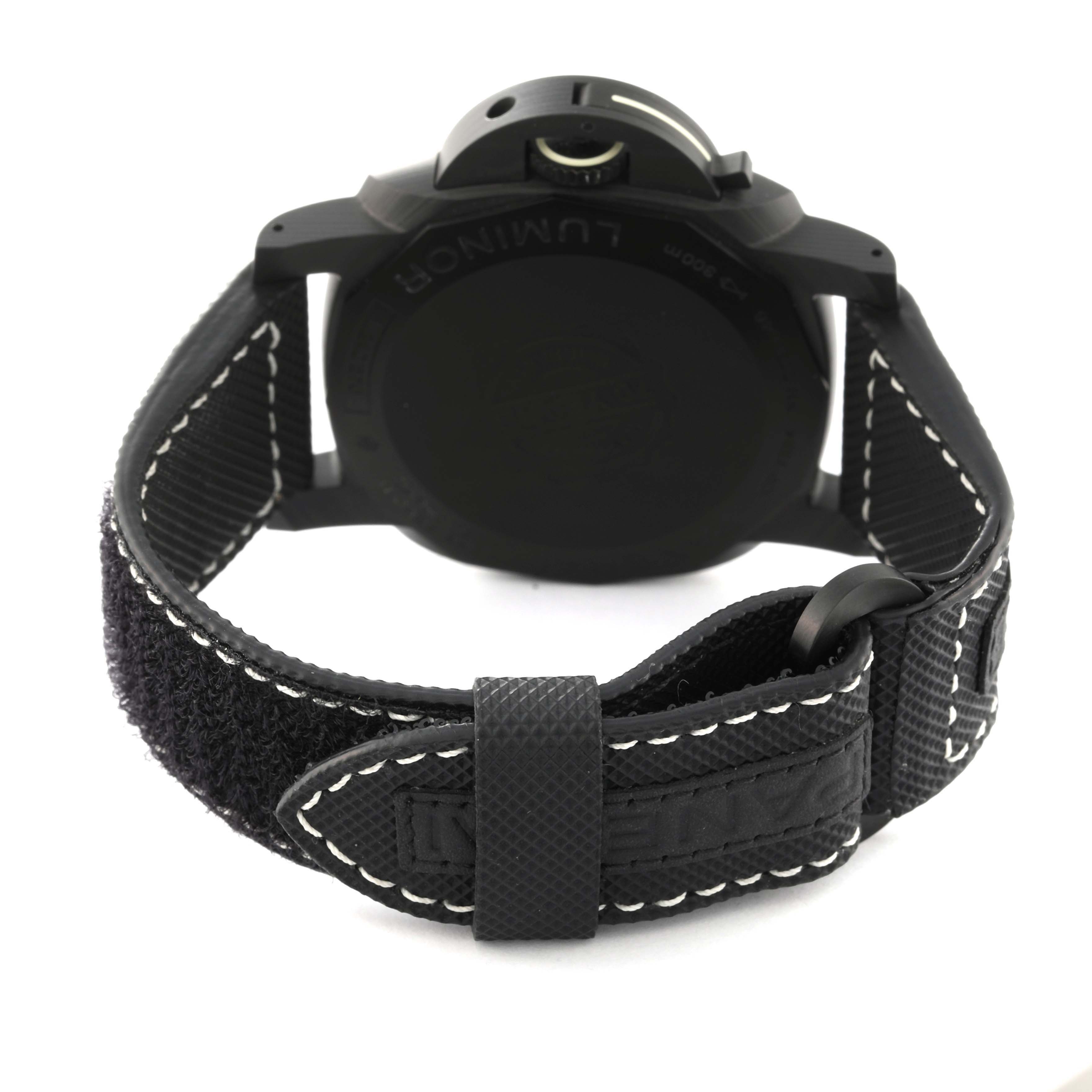 This image shows the back case and strap of a Panerai Luminor PAM01118 Men's Ceramic Black Dial PAM01118 Men's Ceramic Black Dial watch from a rear angle.