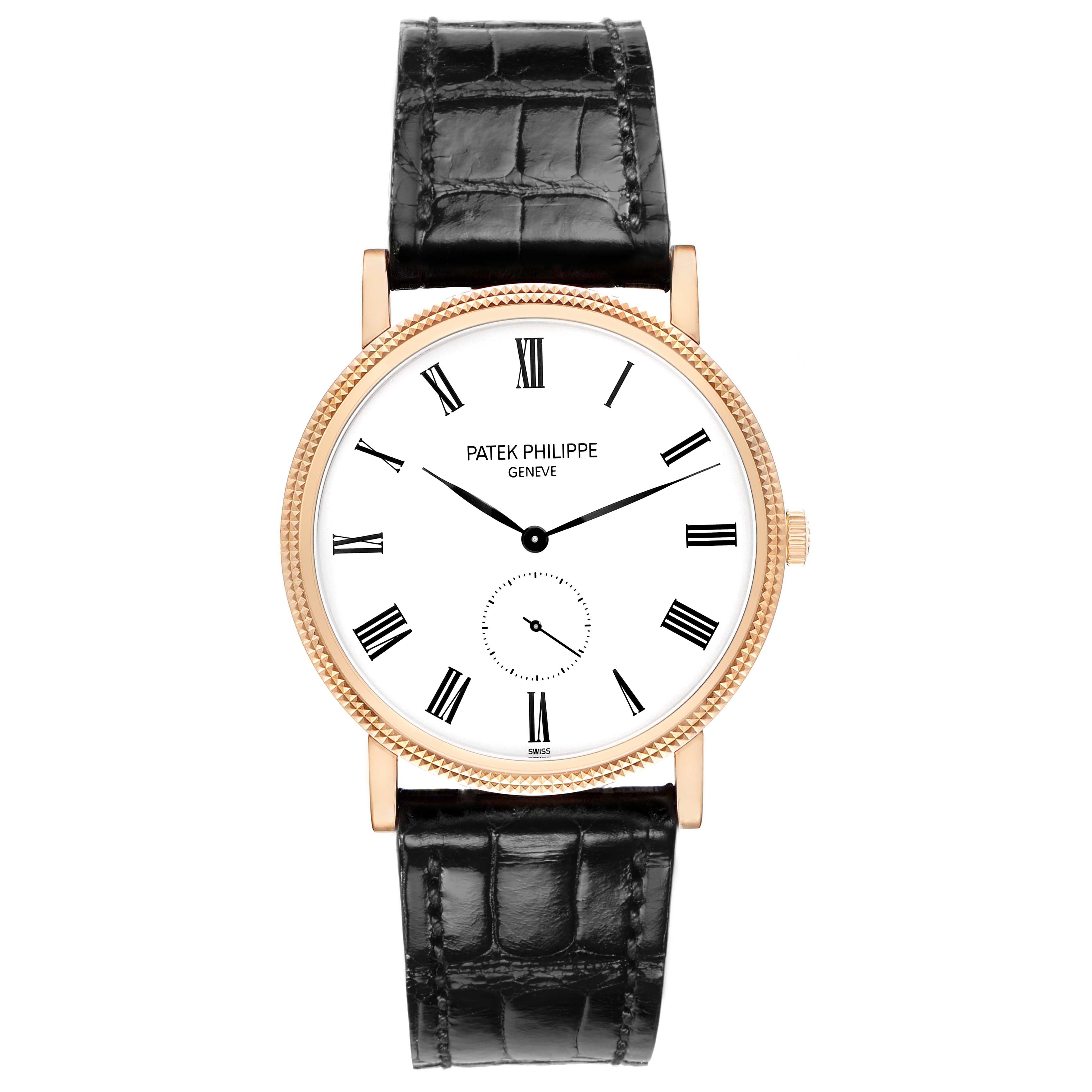 The Patek Philippe Calatrava 5119R Men's Rose Gold White Dial watch is shown from a front angle, displaying its round face, Roman numerals, and black leather strap.