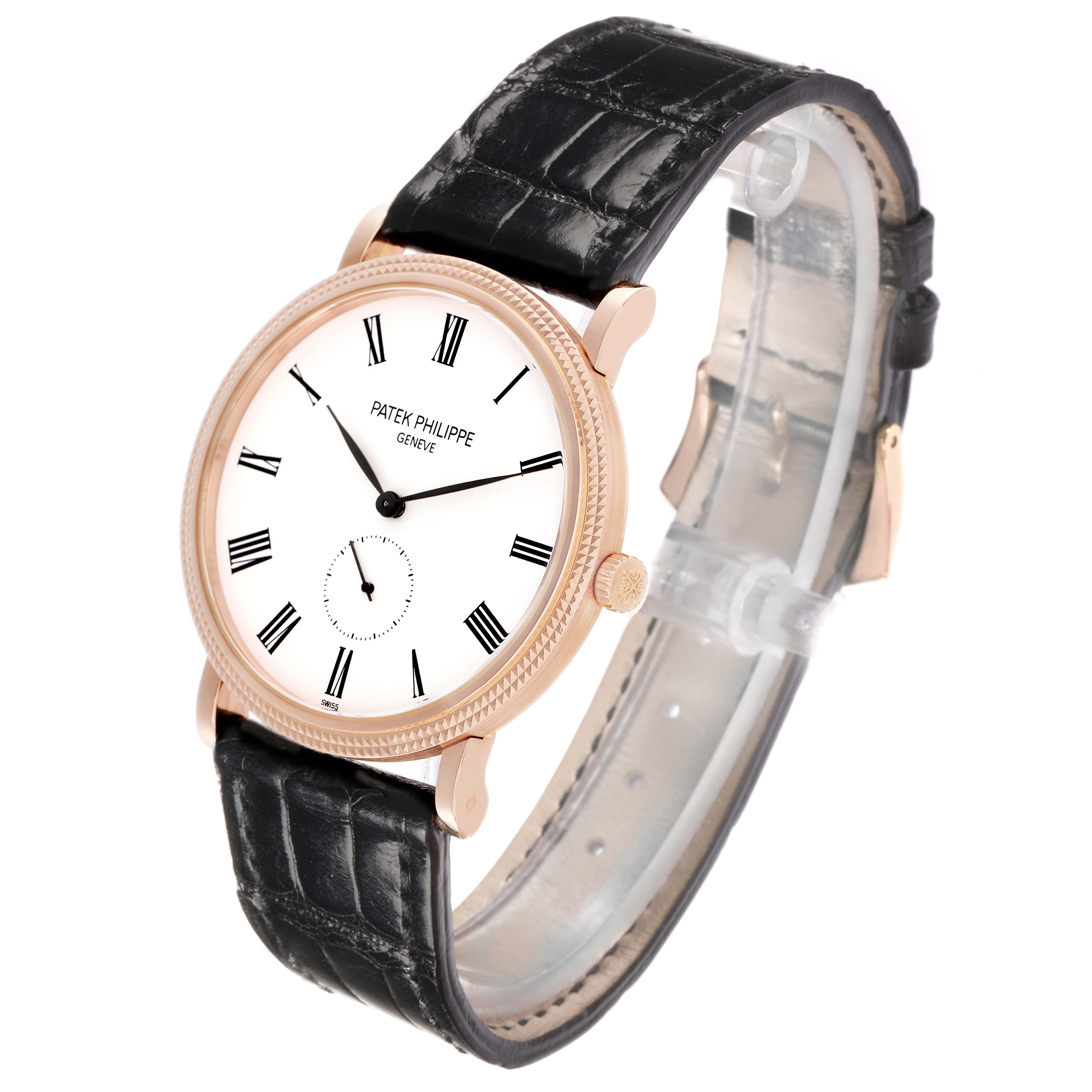 The Patek Philippe Calatrava 5119R Men's Rose Gold White Dial watch is shown at a three-quarter angle, highlighting the face, bezel, crown, and strap.
