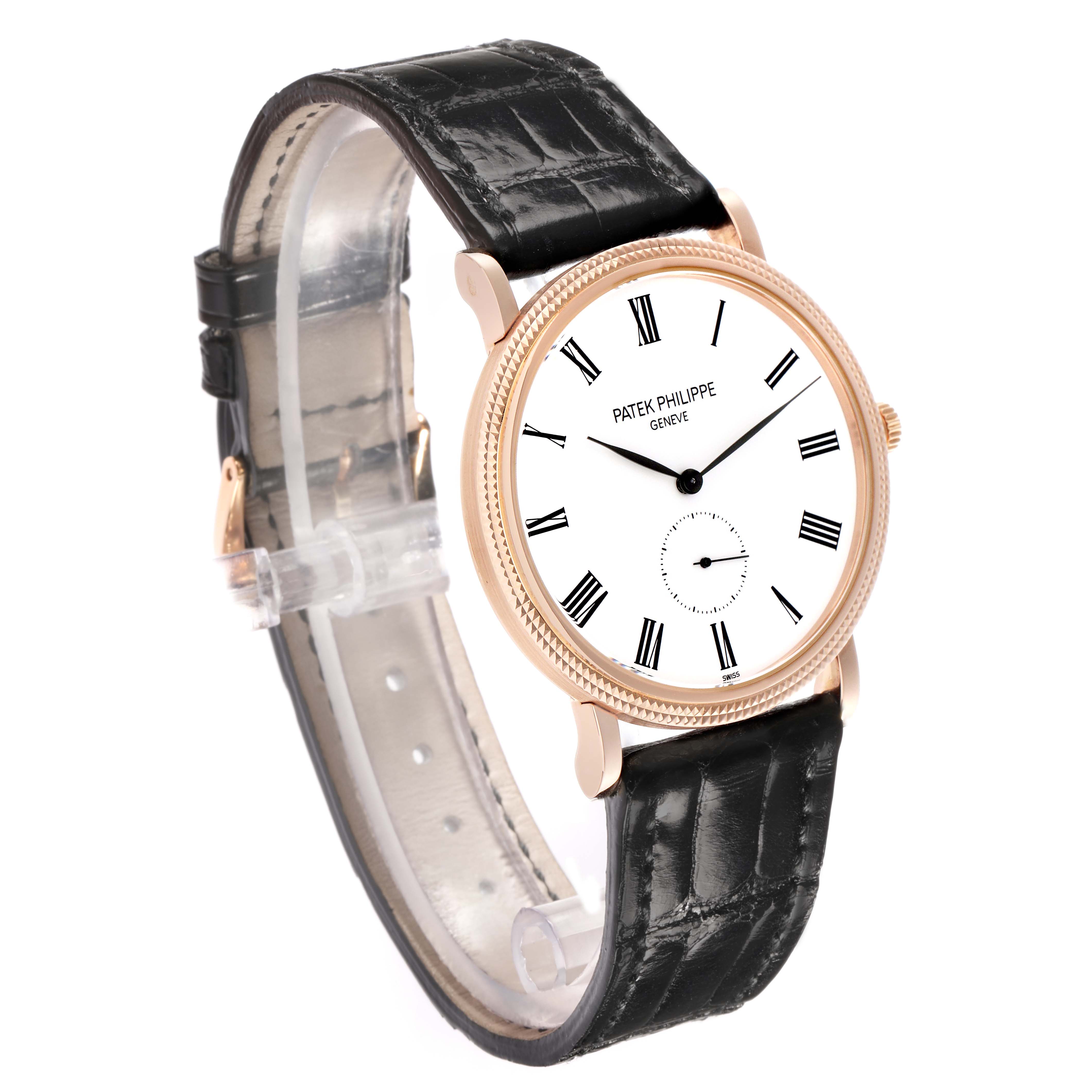 The Patek Philippe Calatrava 5119R Men's Rose Gold White Dial watch is shown at a three-quarter angle, highlighting the face, bezel, and leather strap.