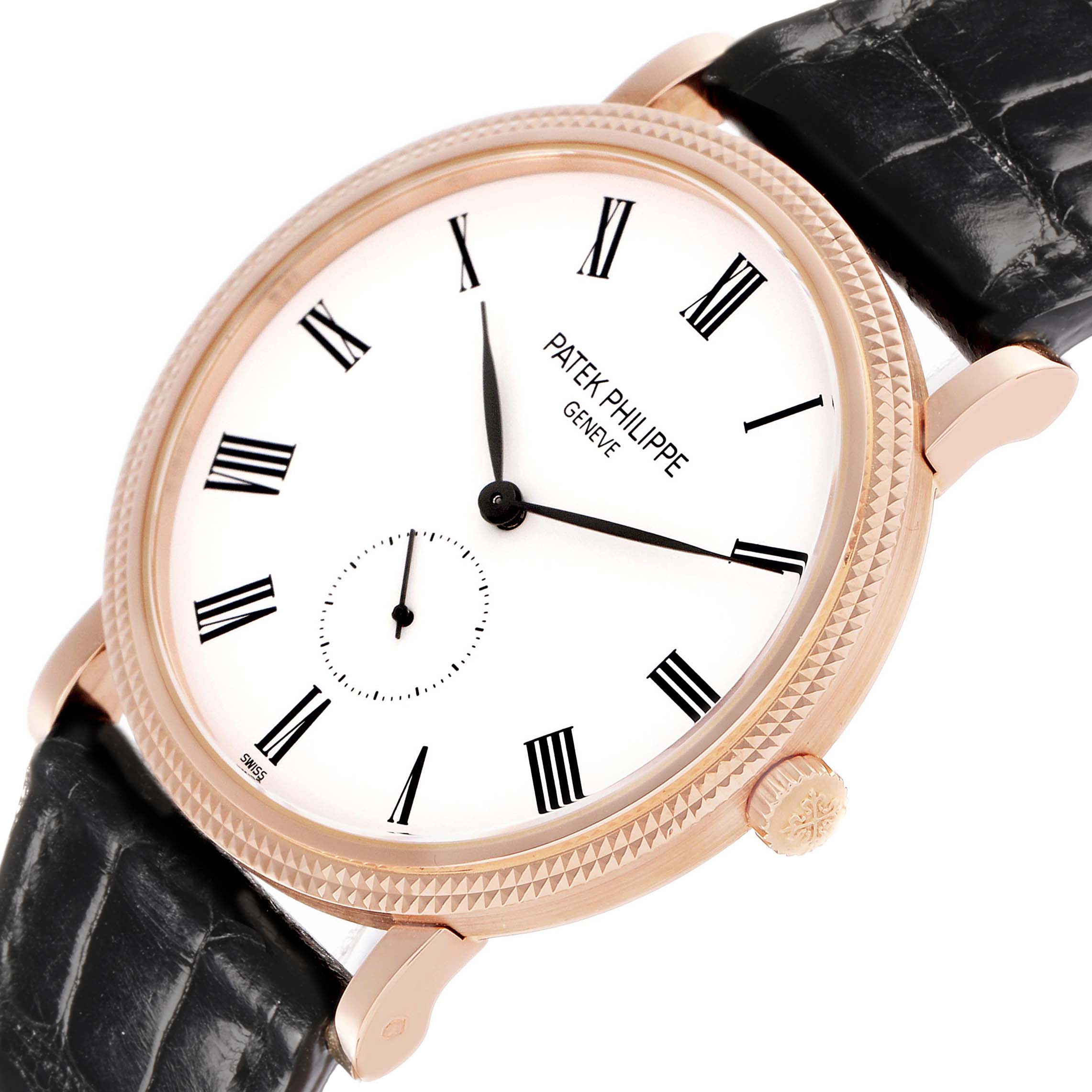 The Patek Philippe Calatrava 5119R Men's Rose Gold White Dial watch is shown at an angled view, displaying the face, Roman numerals, crown, and black leather strap.