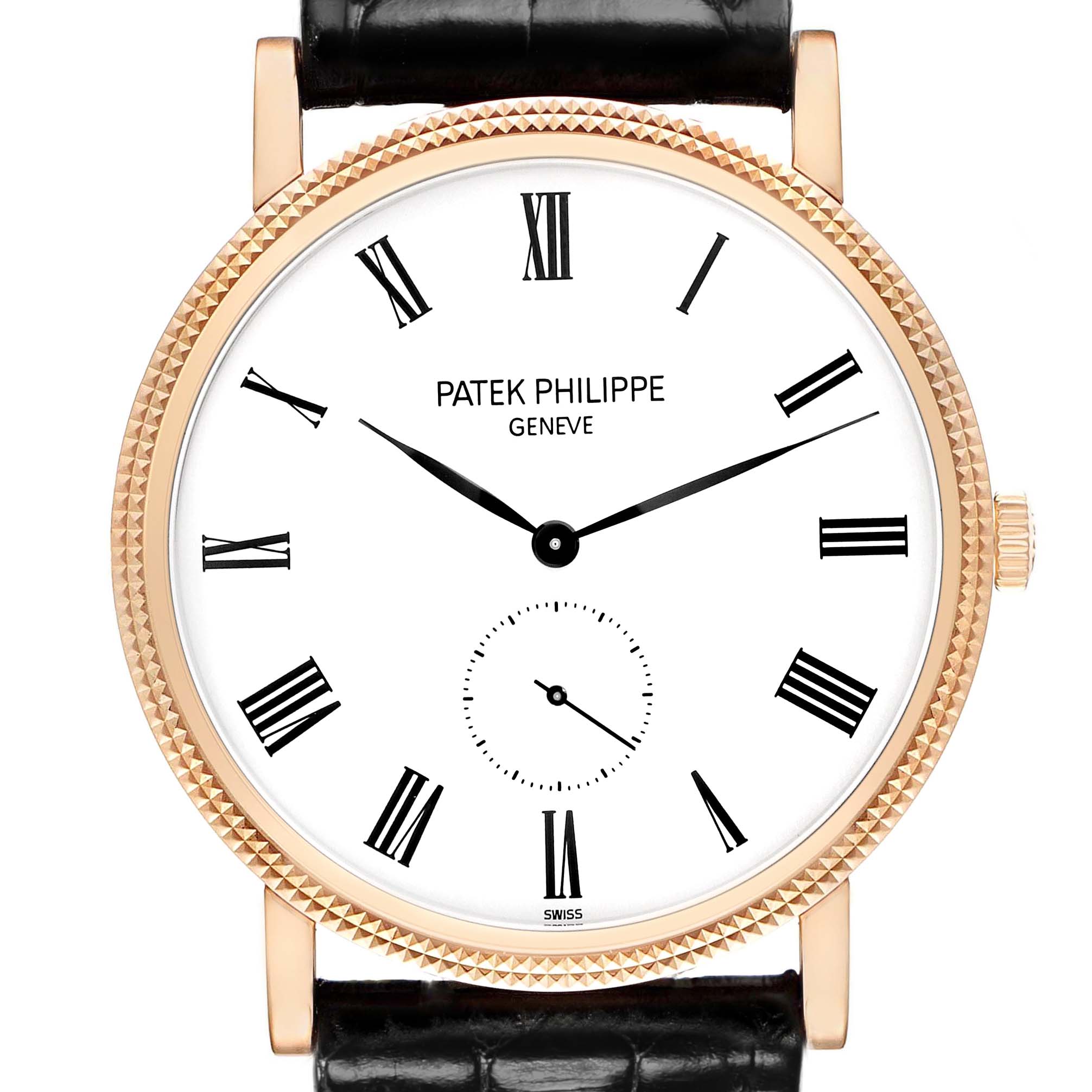 The Patek Philippe Calatrava 5119R Men's Rose Gold White Dial watch is shown from the front, displaying its face, Roman numerals, and crown with a leather strap.