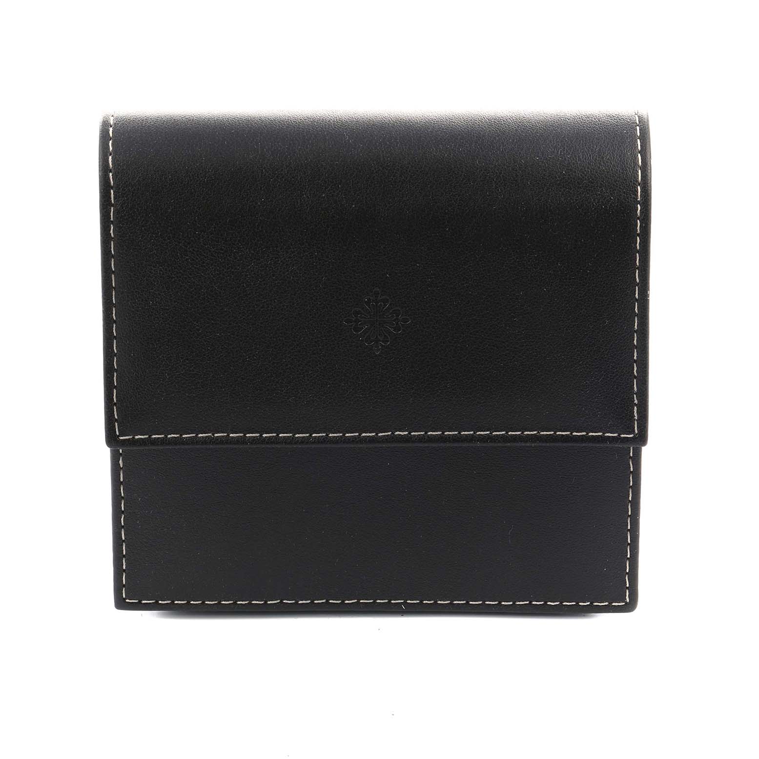 This image shows a black leather watch case with white stitching, designed for a Patek Philippe Calatrava 5119R Men's Rose Gold White Dial model.