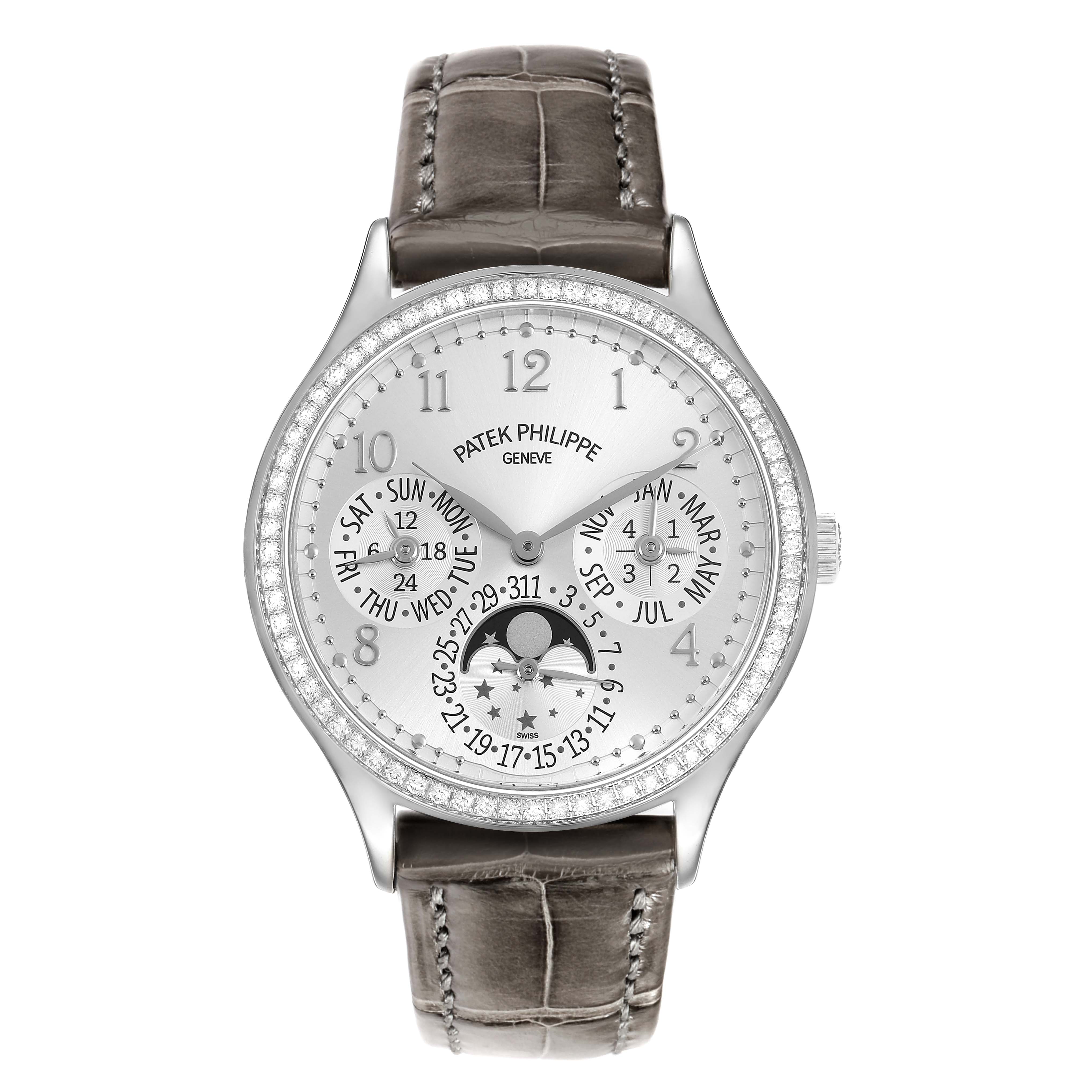 The Patek Philippe Complications 7140G-001 Women's White Gold Silver Dial watch is shown from the front, highlighting the dial, bezel, and strap.