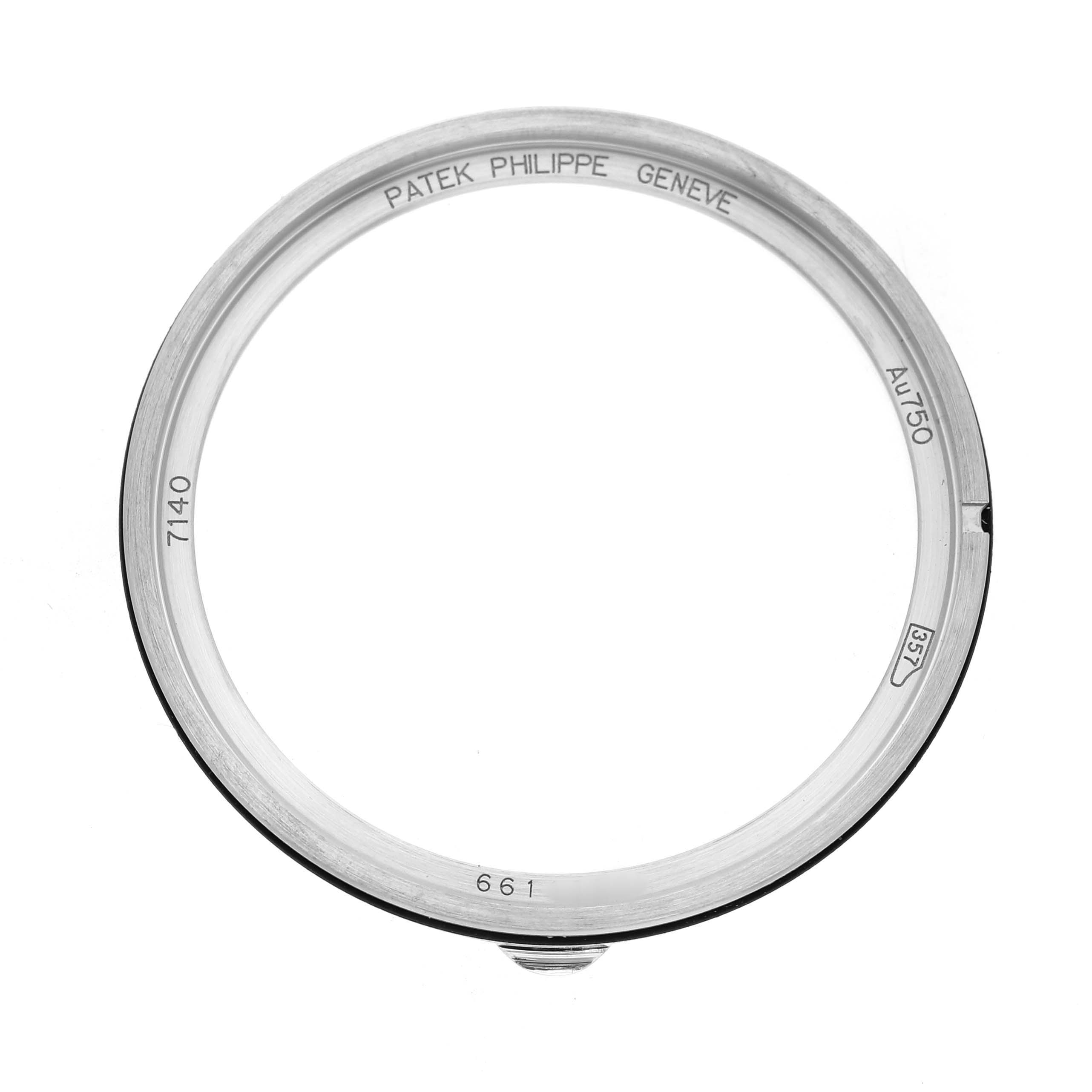 The image shows the bezel of a Patek Philippe Complications 7140G-001 Women's White Gold Silver Dial watch, viewed from directly above.
